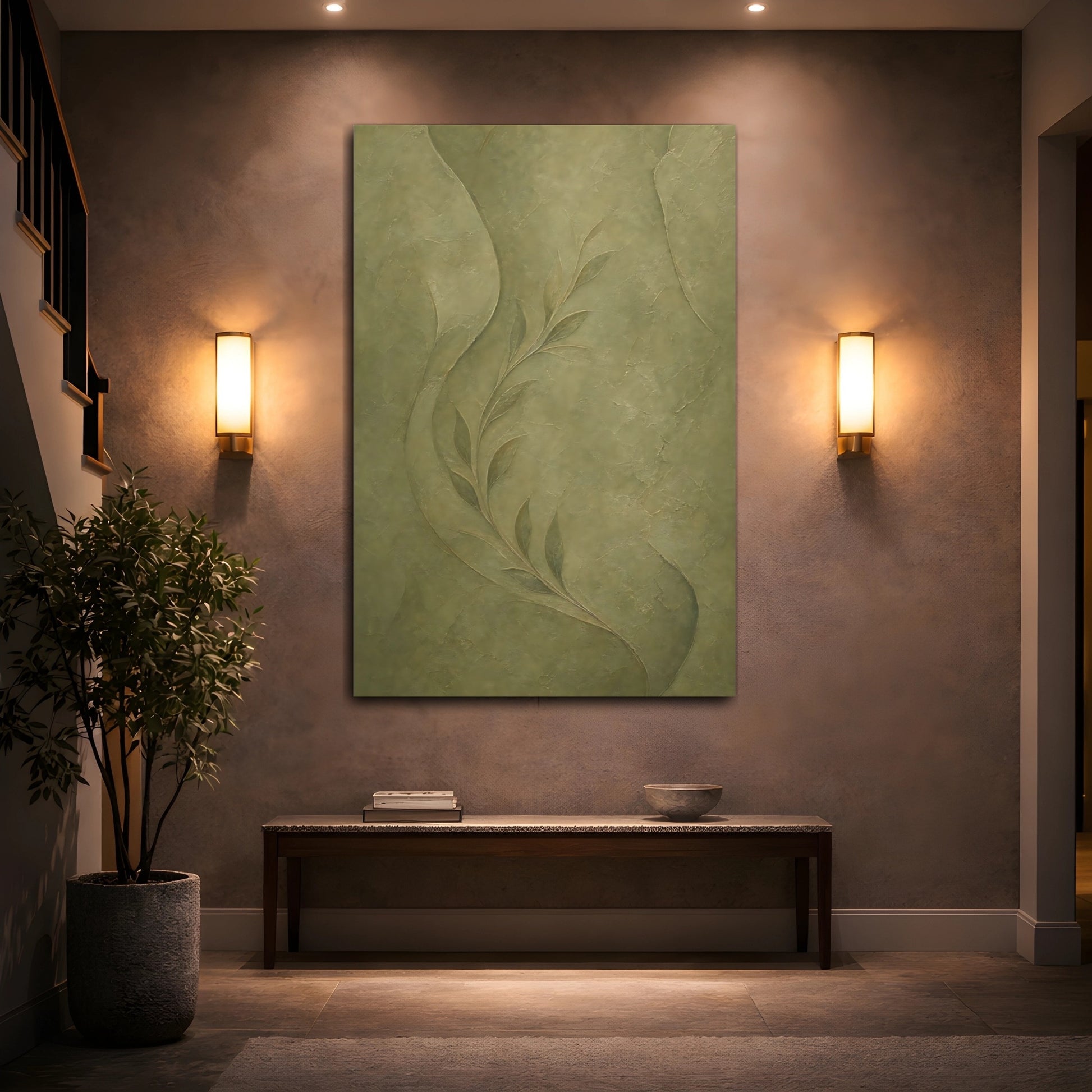 Mockup 2. Nature Leafy Branch Olive Green shown as stretched canvas wall art
