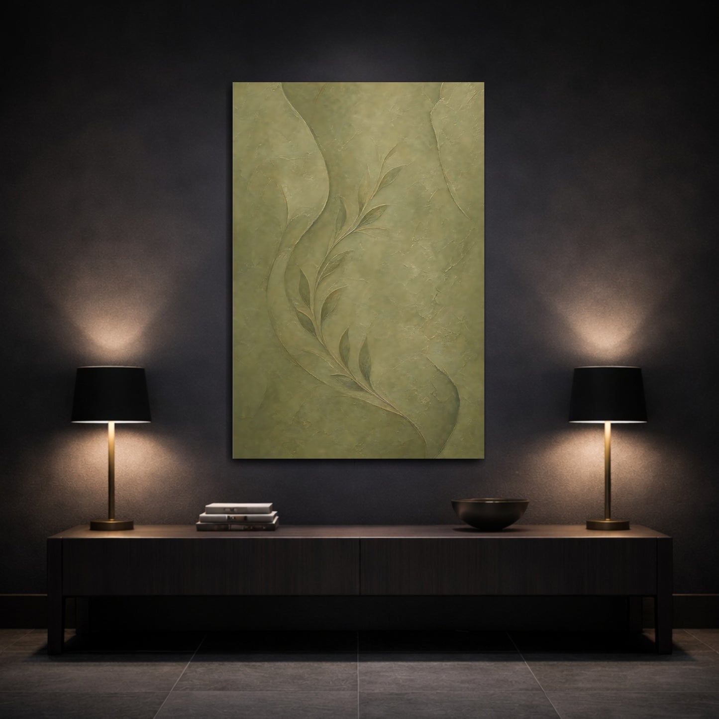 Mockup 3. Nature Leafy Branch Olive Green shown as stretched canvas wall art