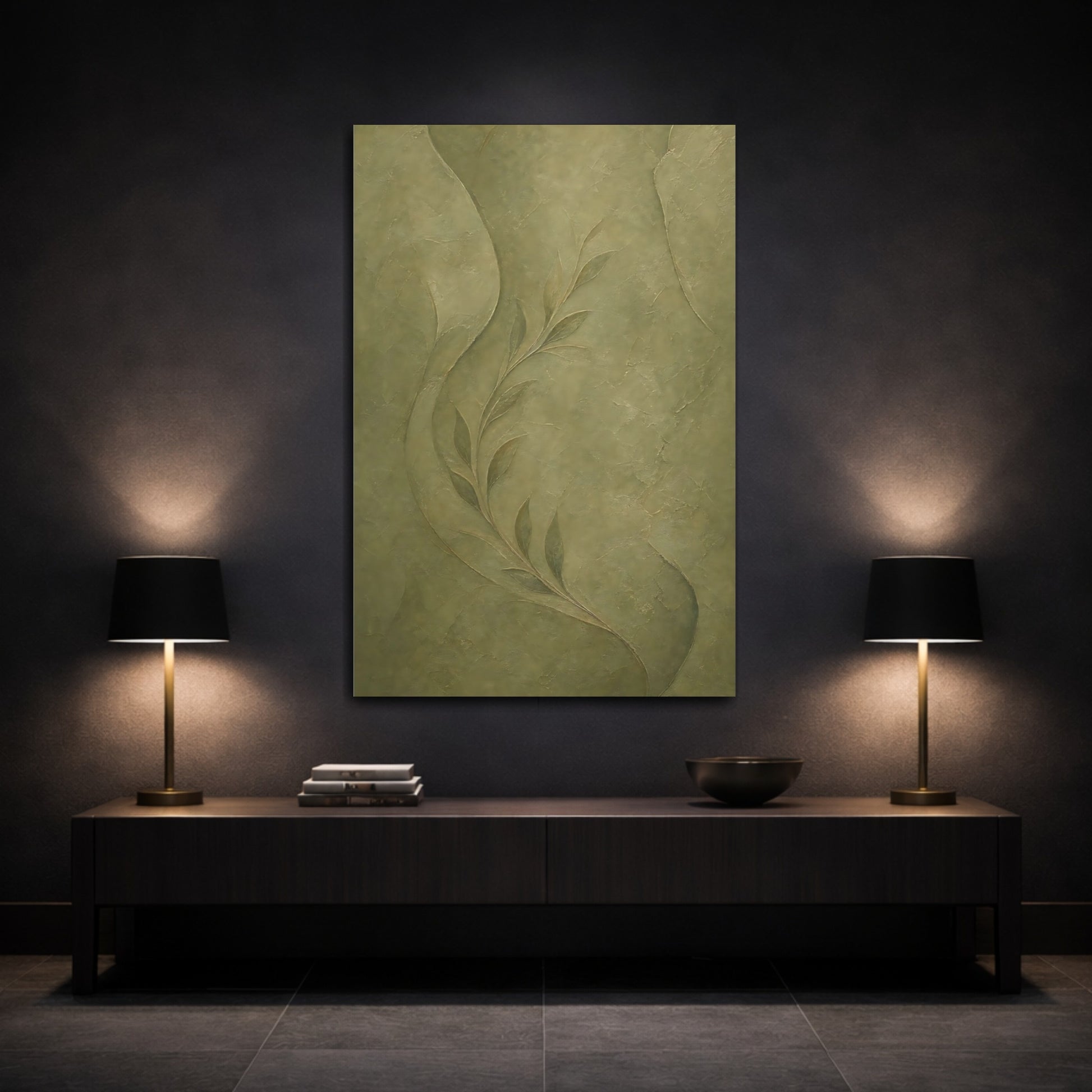 Mockup 3. Nature Leafy Branch Olive Green shown as stretched canvas wall art