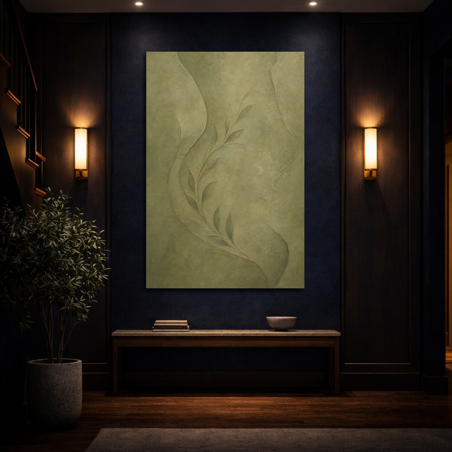 Mockup 4. Nature Leafy Branch Olive Green shown as stretched canvas wall art