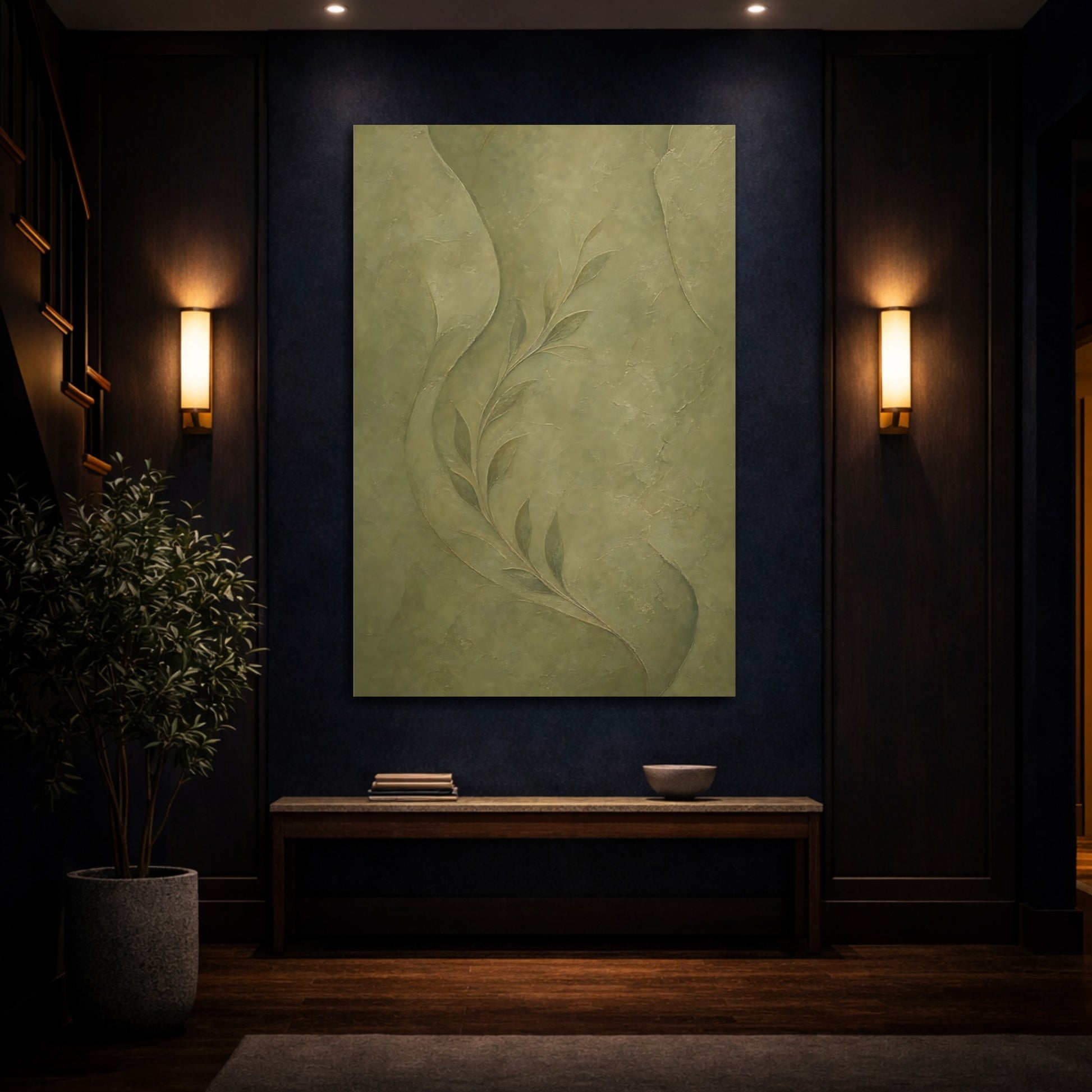 Mockup 4. Nature Leafy Branch Olive Green shown as stretched canvas wall art