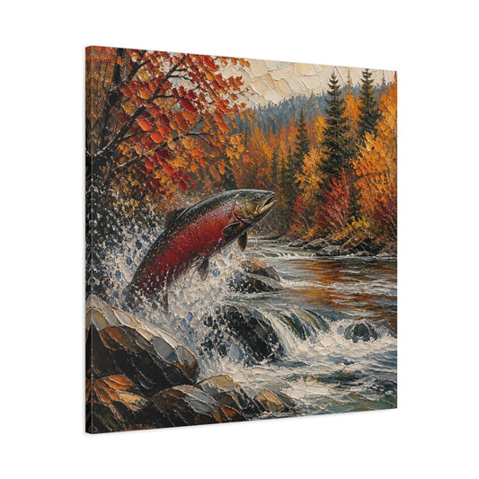 Main Mockup. Nature Leaping Salmon shown as canvas print