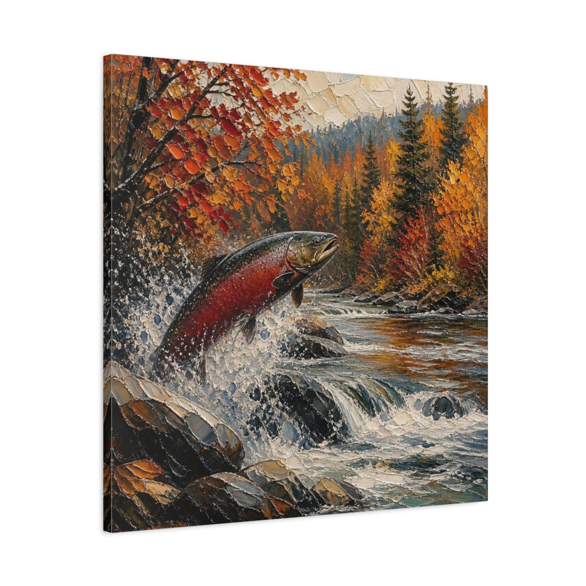 Side Mockup 3. Nature Leaping Salmon shown as canvas print