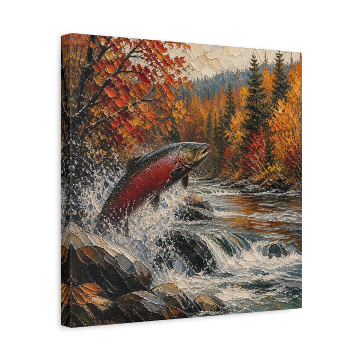 Side Mockup 6. Nature Leaping Salmon shown as canvas print