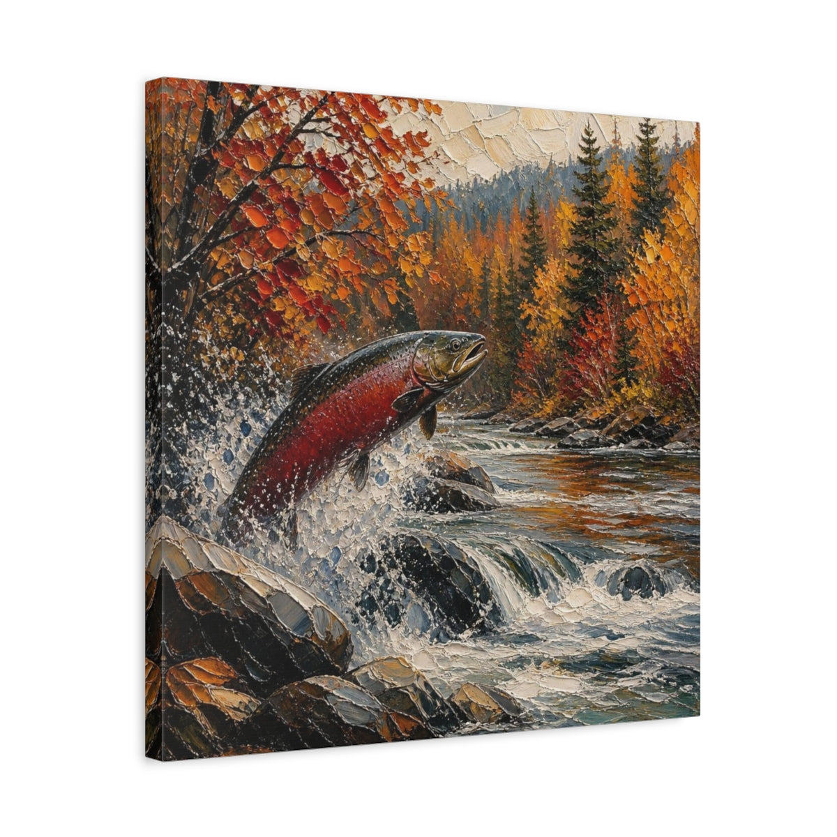 Side Mockup 5. Nature Leaping Salmon shown as canvas print