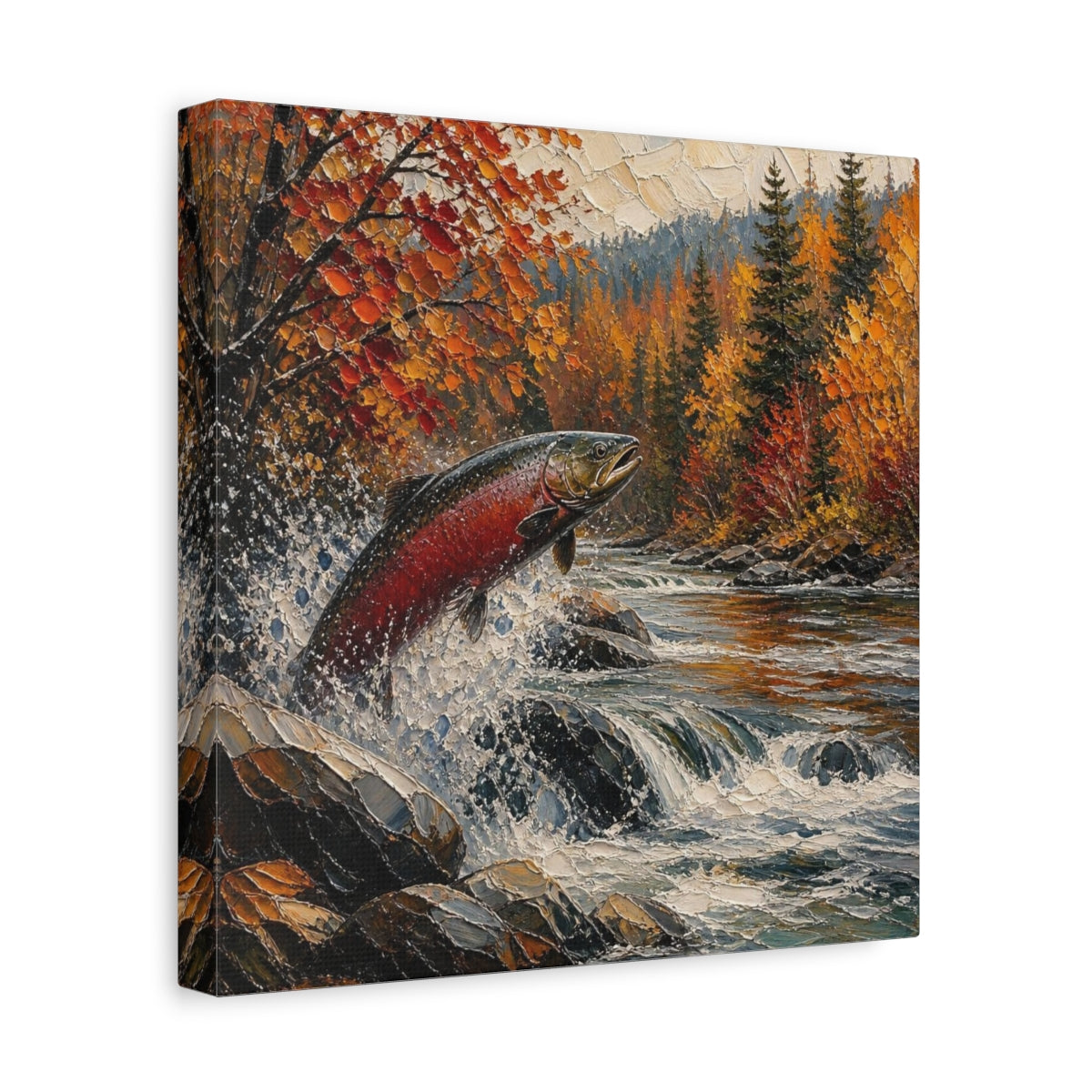 Side Mockup 8. Nature Leaping Salmon shown as canvas print