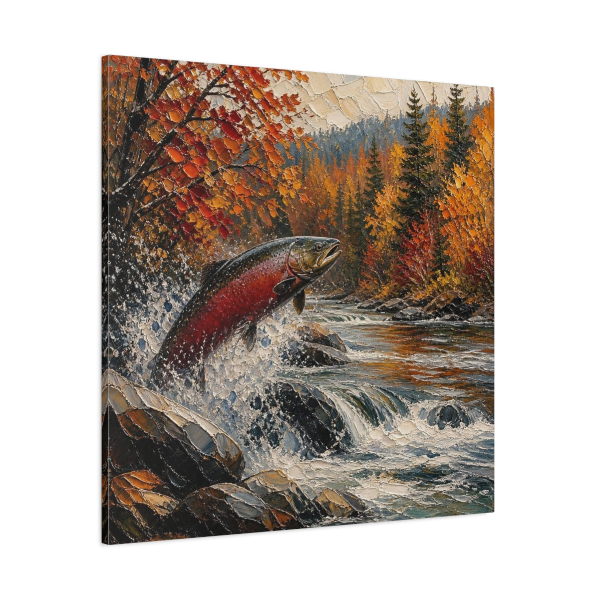 Side Mockup 1. Nature Leaping Salmon shown as canvas print