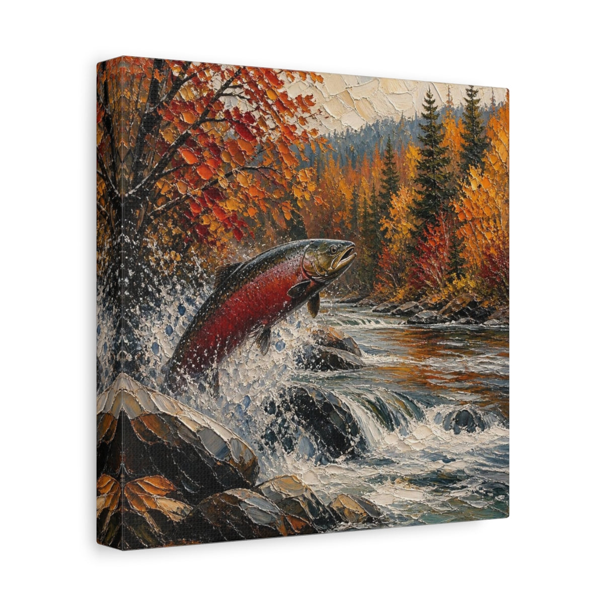 Side Mockup 9. Nature Leaping Salmon shown as canvas print