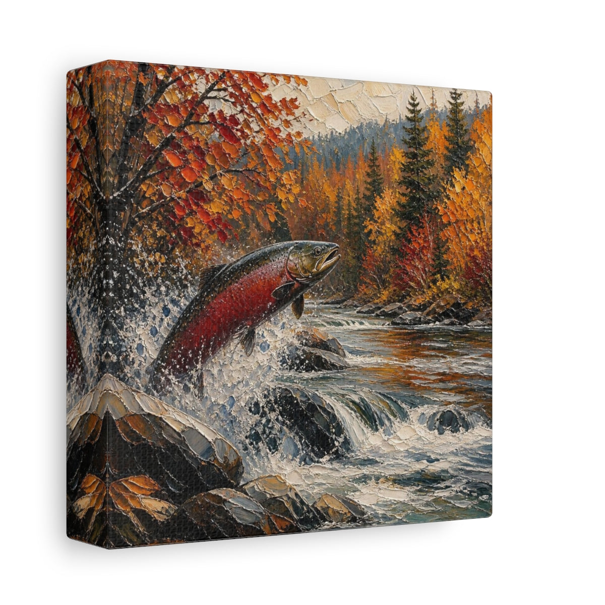 Side Mockup 2. Nature Leaping Salmon shown as canvas print