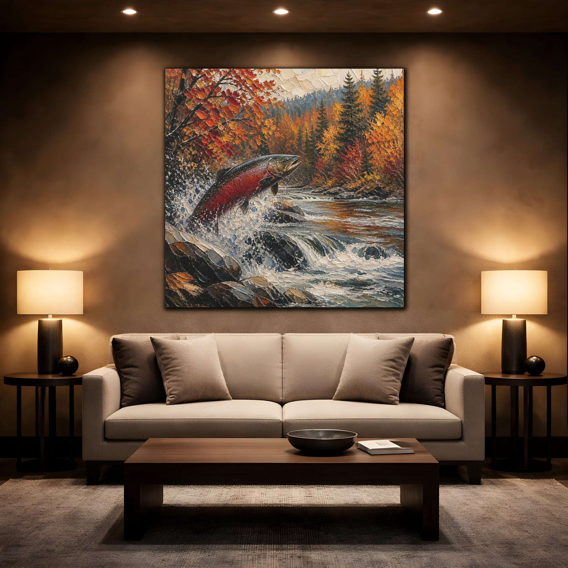 Mockup 2. Nature Leaping Salmon shown as canvas print