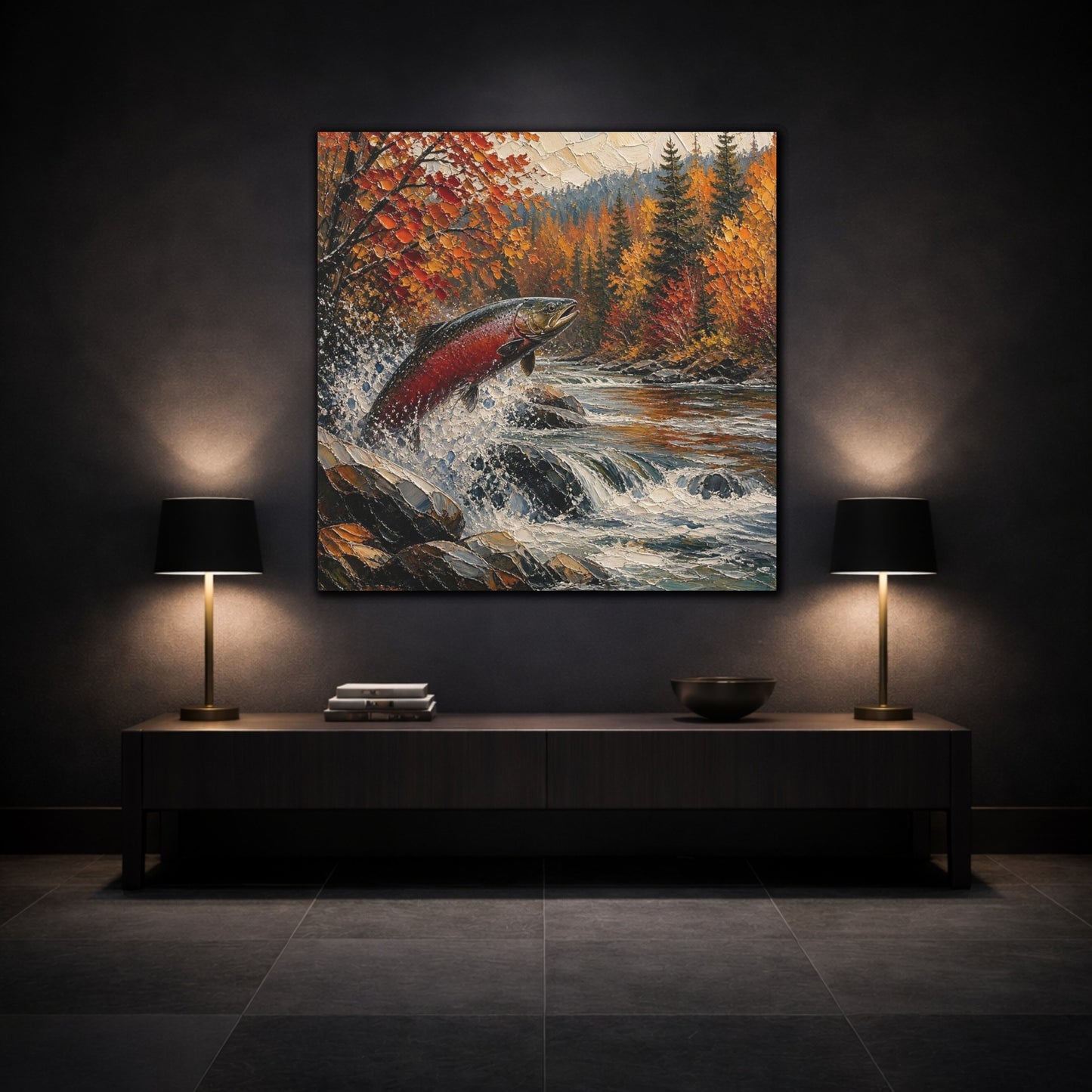 Mockup 3. Nature Leaping Salmon shown as canvas print