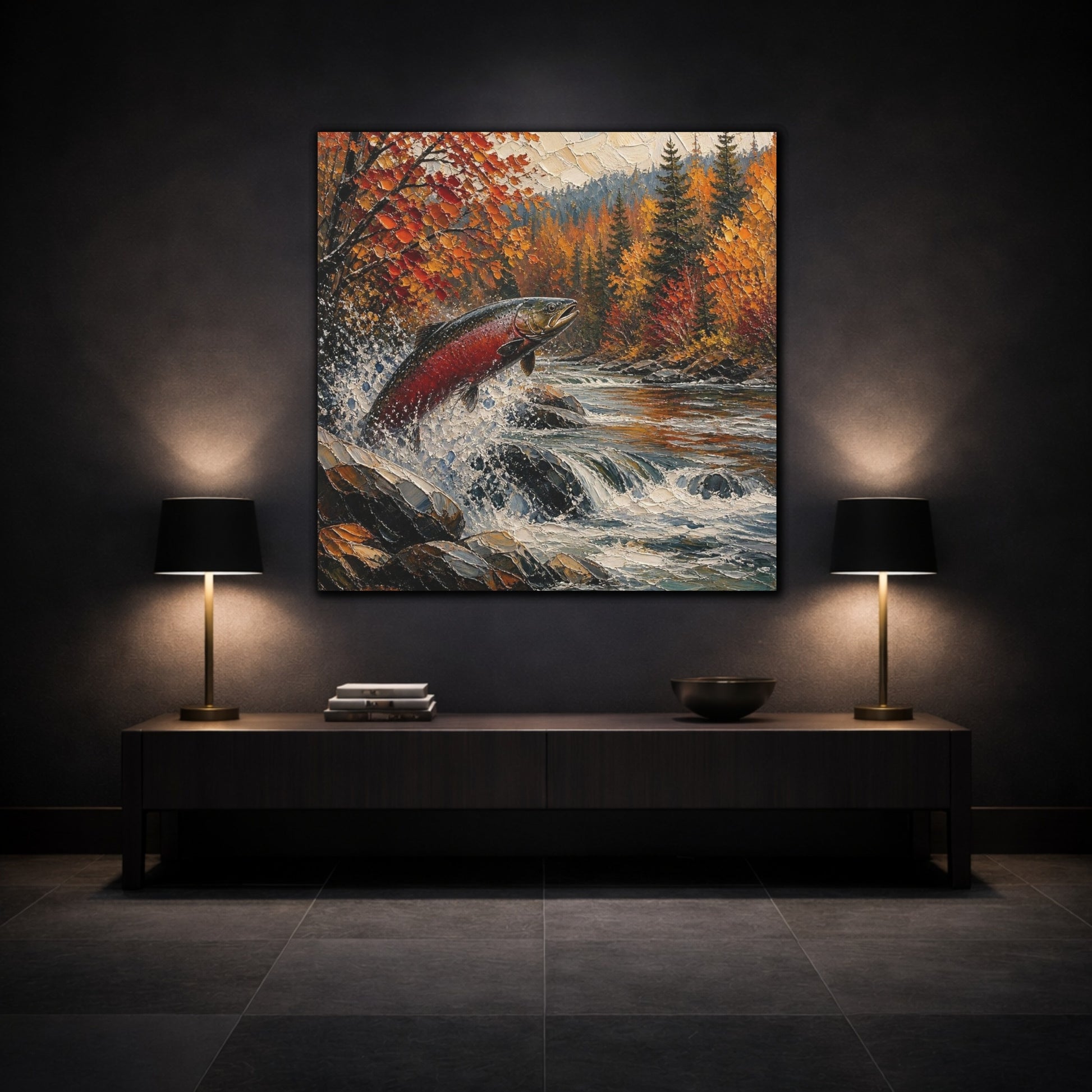 Mockup 3. Nature Leaping Salmon shown as canvas print