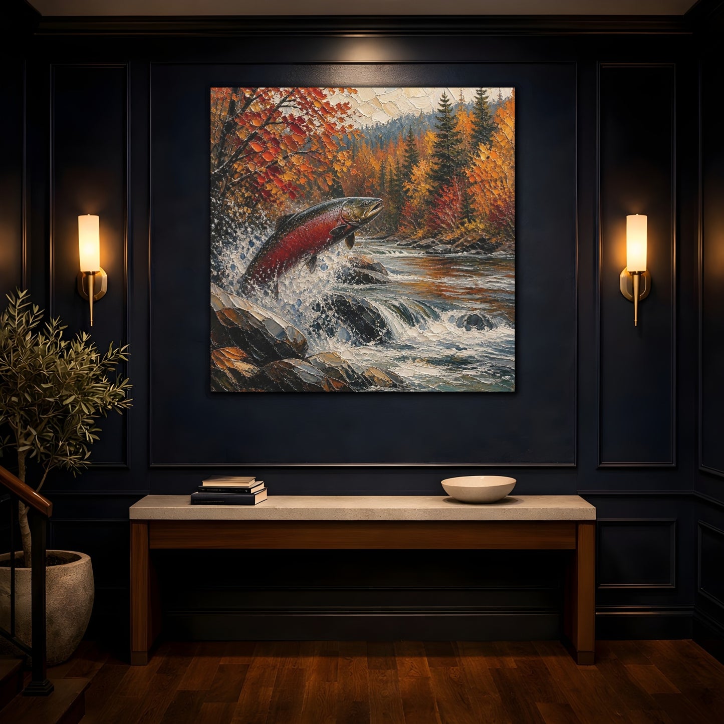 Mockup 4. Nature Leaping Salmon shown as canvas print