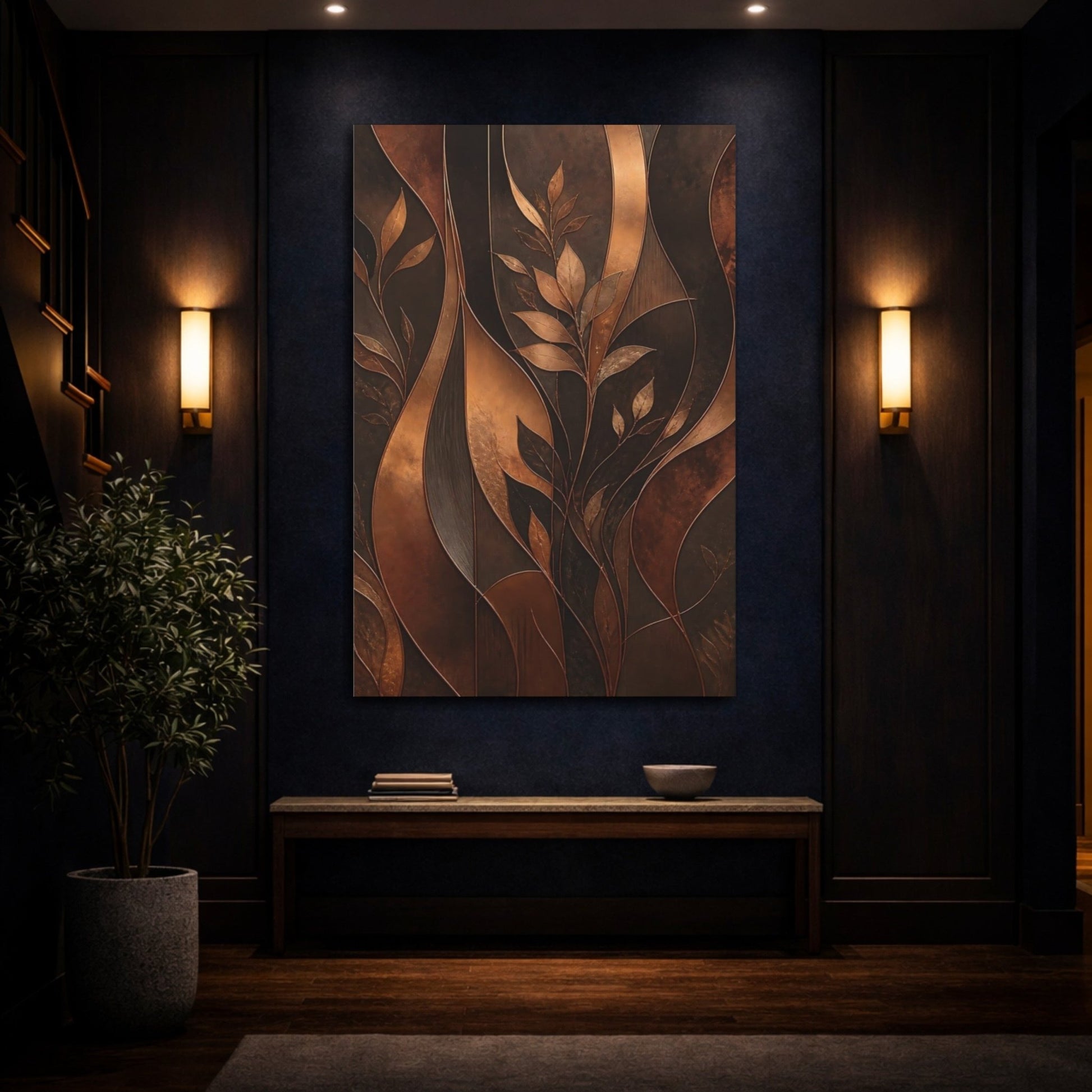 Nature Leaves Brown And Bronze Canvas Wall Art Print – Modern Living Room, Above Console Table - YesArtYes
