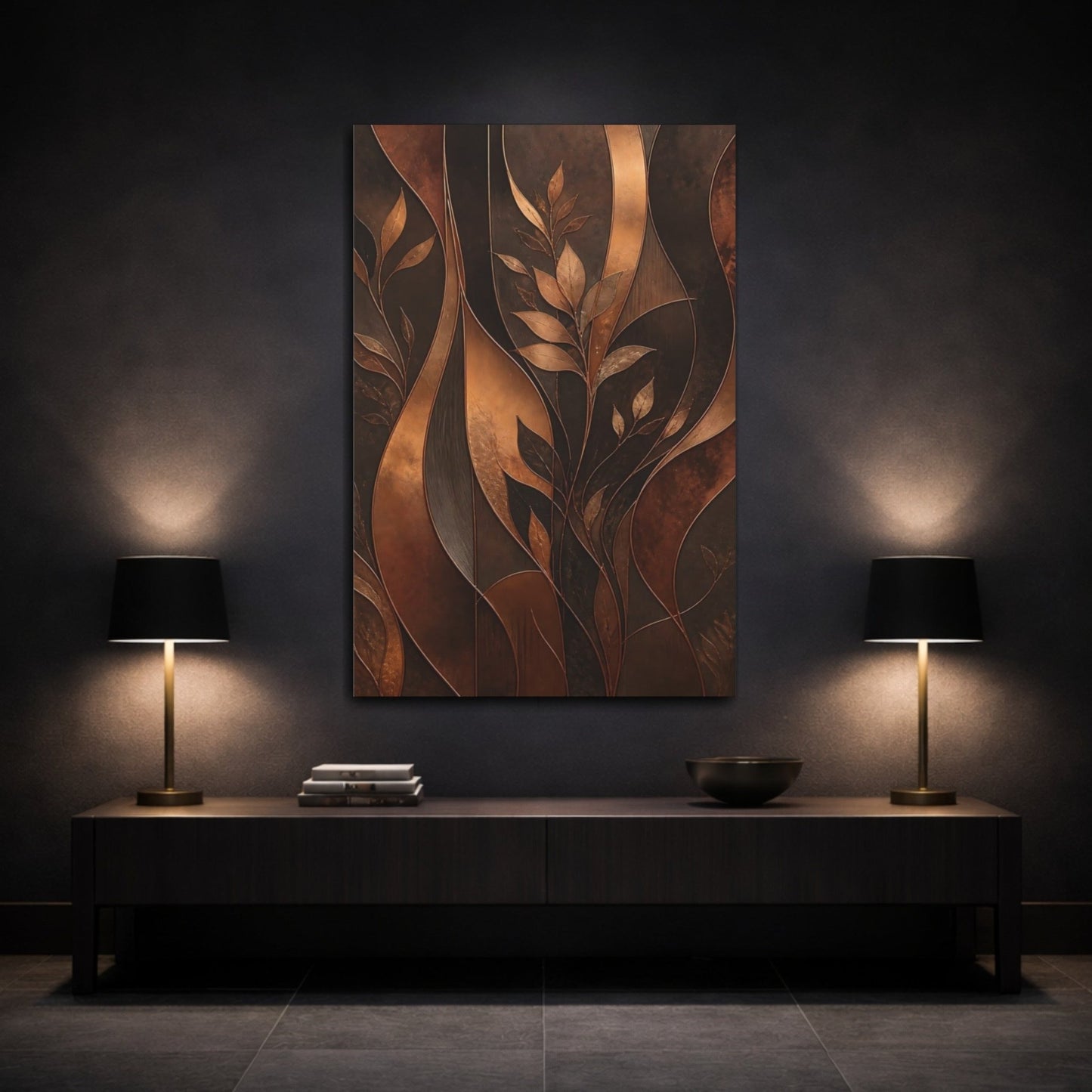 Nature Leaves Brown And Bronze Canvas Wall Art Print – Modern Living Room, Above Console Table - YesArtYes
