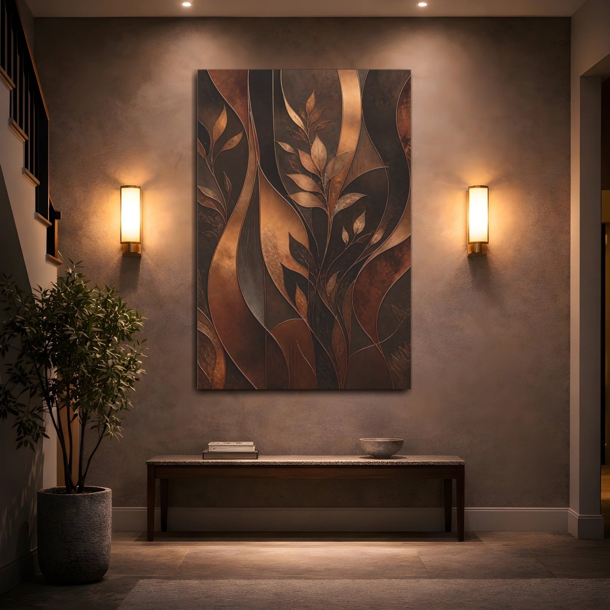 Nature Leaves Brown And Bronze Canvas Wall Art Print – Modern Living Room, Above Console Table - YesArtYes