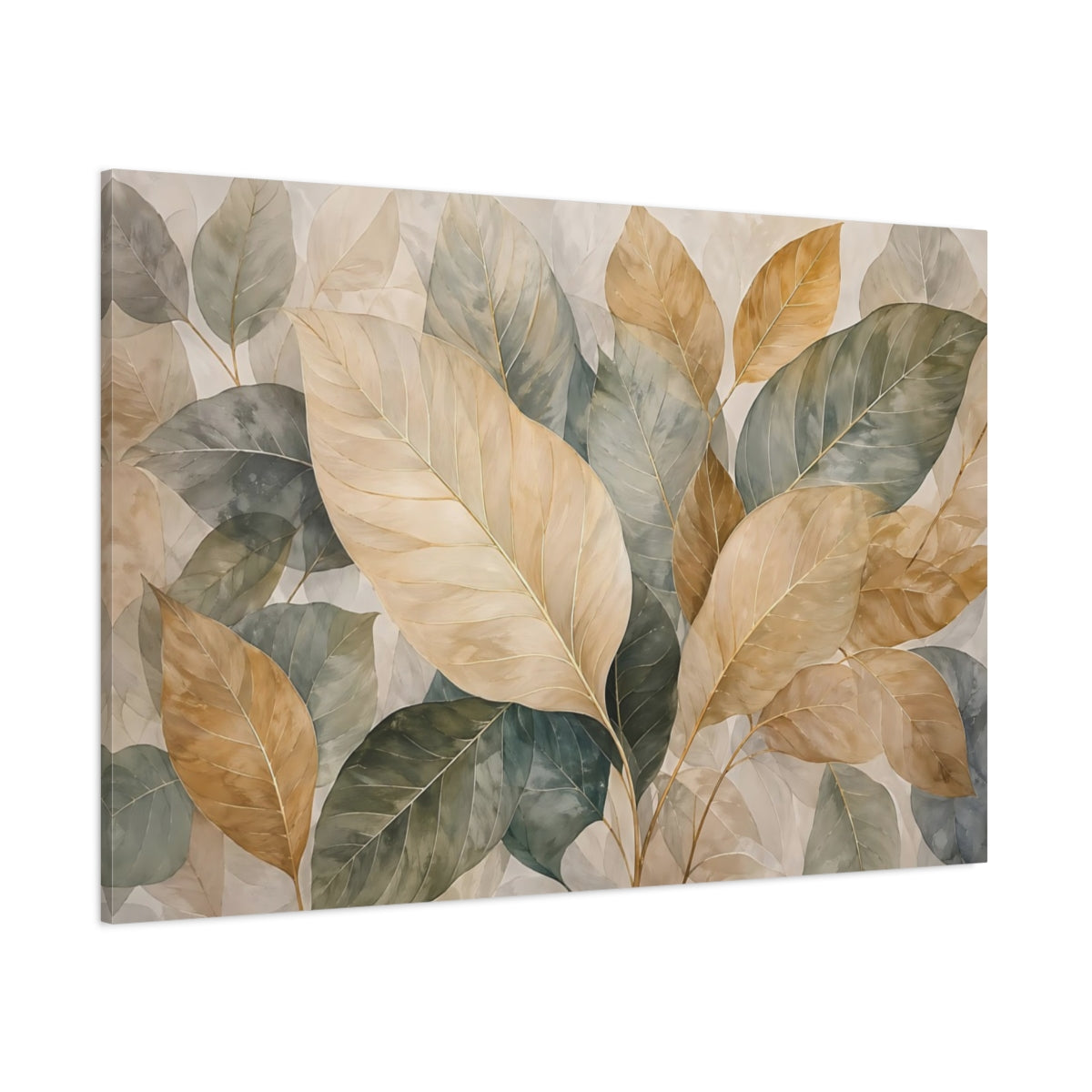 Side Mockup 1. Nature Leaves Earthy Botanical shown as stretched canvas wall art