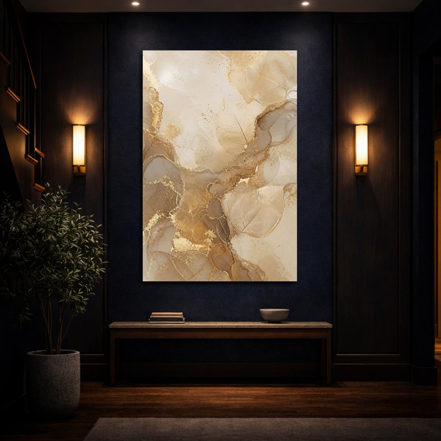 Nature Leaves Gold And Beige Canvas Print – Living Room, Above Sofa, - YesArtYes