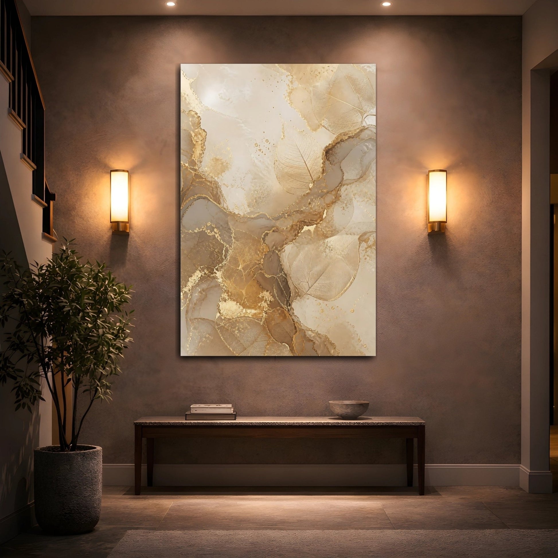 Nature Leaves Gold And Beige Canvas Print – Living Room, Above Sofa, - YesArtYes