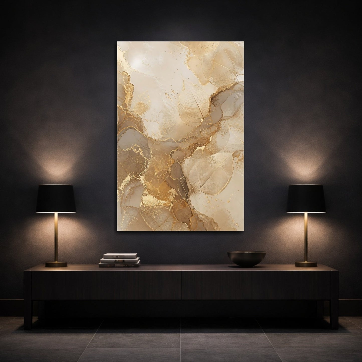 Nature Leaves Gold And Beige Canvas Print – Living Room, Above Sofa, - YesArtYes