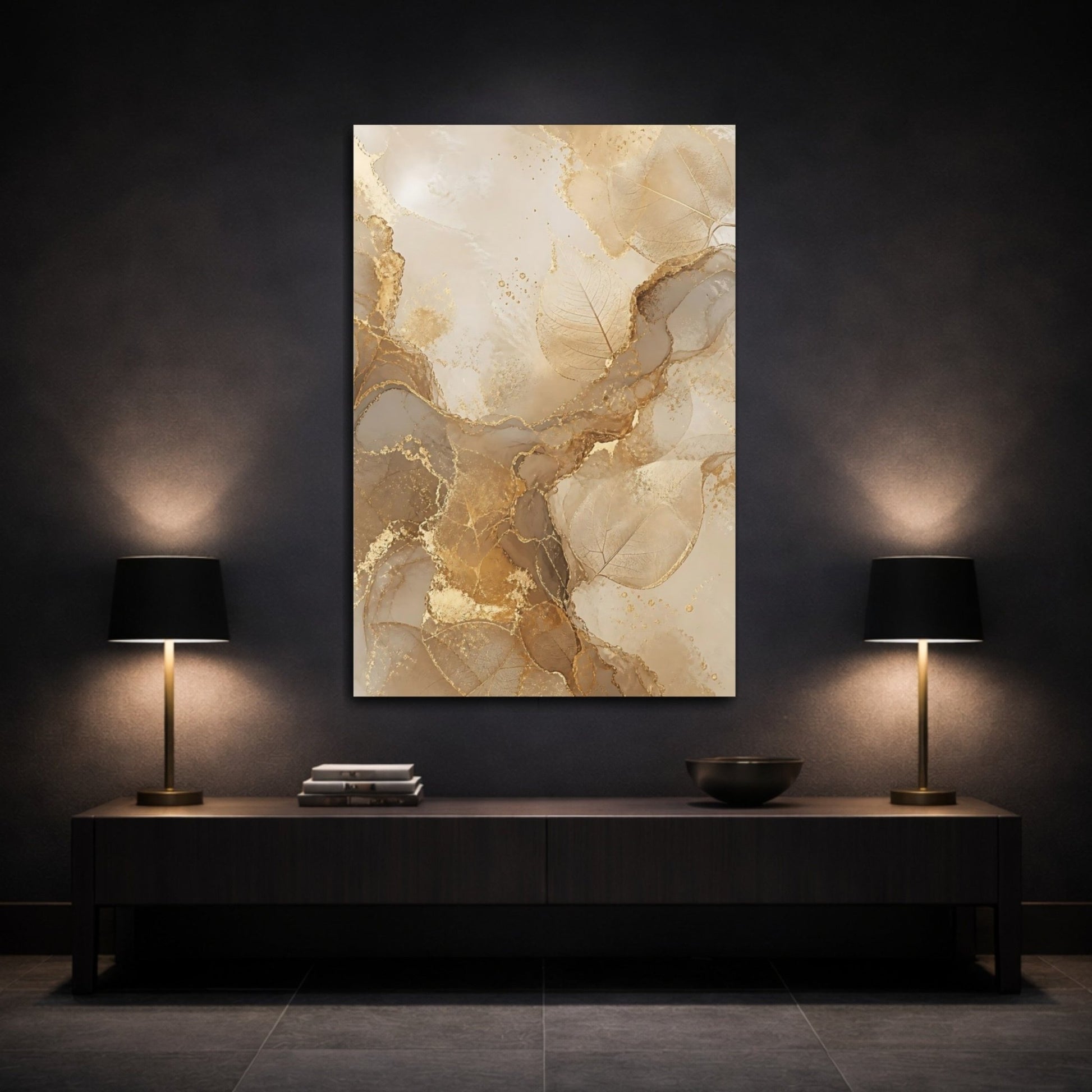 Nature Leaves Gold And Beige Canvas Print – Living Room, Above Sofa, - YesArtYes