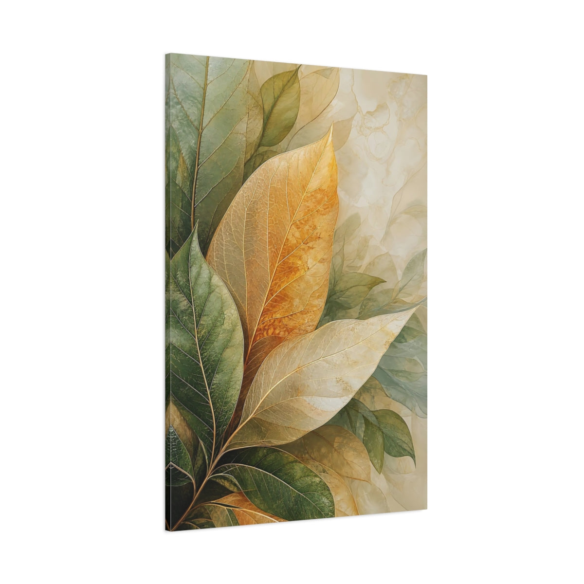 Side Mockup 1. Nature Leaves Green Gold Leaves shown as stretched canvas wall art