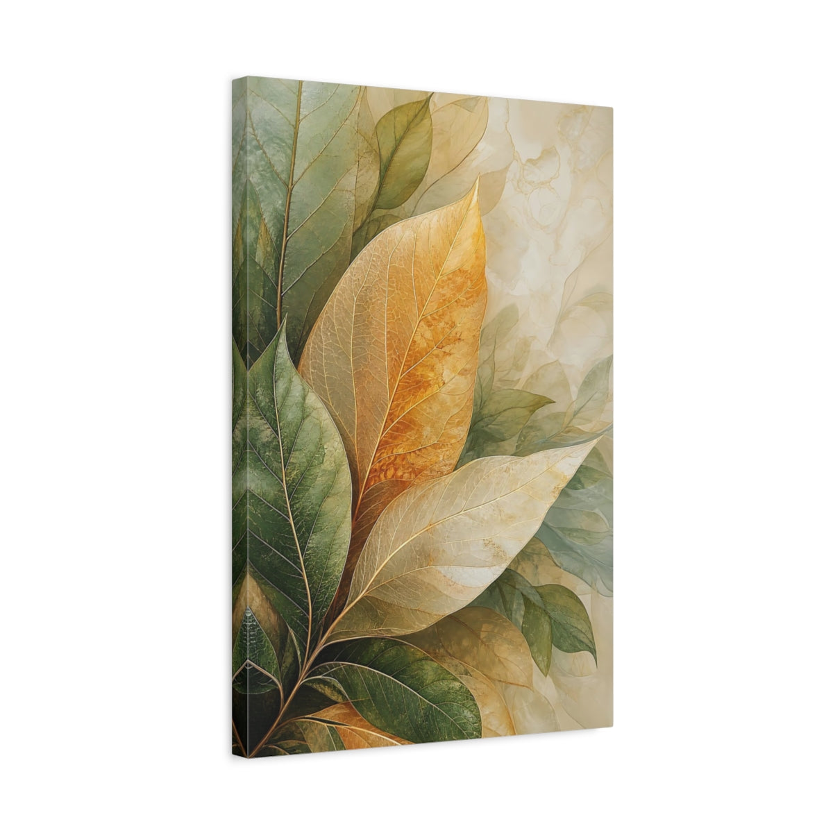 Side Mockup 3. Nature Leaves Green Gold Leaves shown as stretched canvas wall art