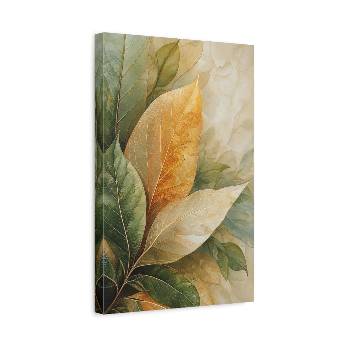 Side Mockup 4. Nature Leaves Green Gold Leaves shown as stretched canvas wall art