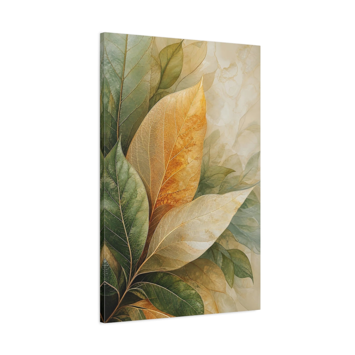 Main Mockup. Nature Leaves Green Gold Leaves shown as stretched canvas wall art