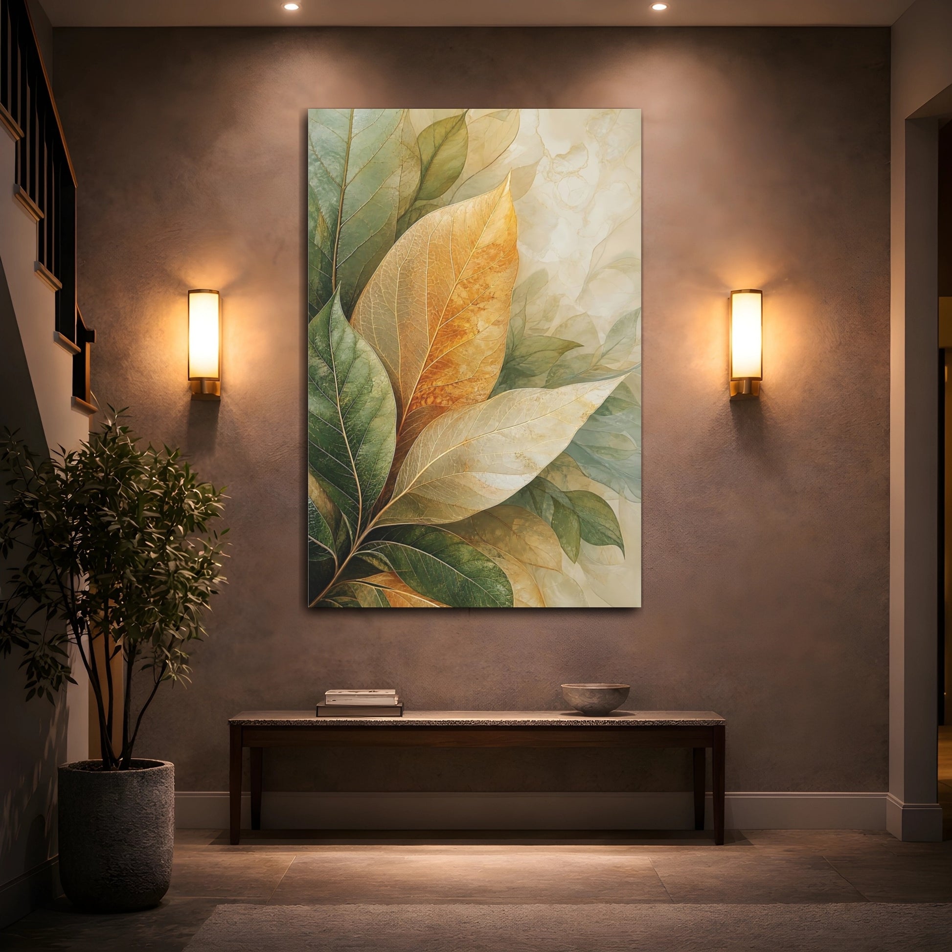 Mockup 2. Nature Leaves Green Gold Leaves shown as stretched canvas wall art