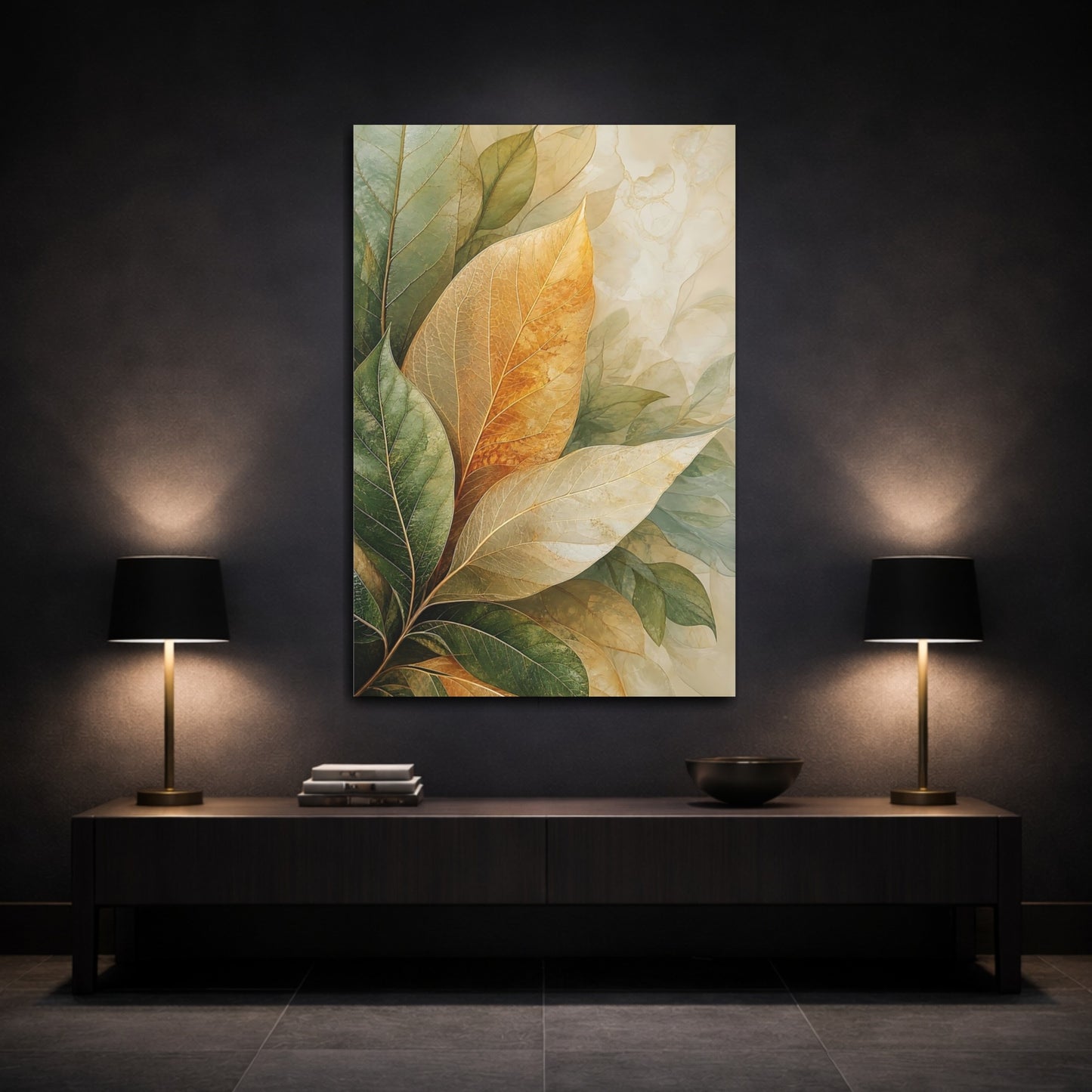 Mockup 3. Nature Leaves Green Gold Leaves shown as stretched canvas wall art