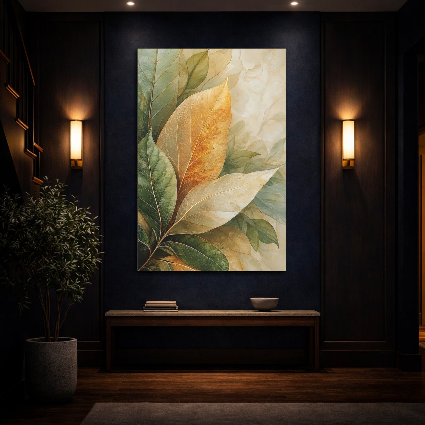 Mockup 4. Nature Leaves Green Gold Leaves shown as stretched canvas wall art