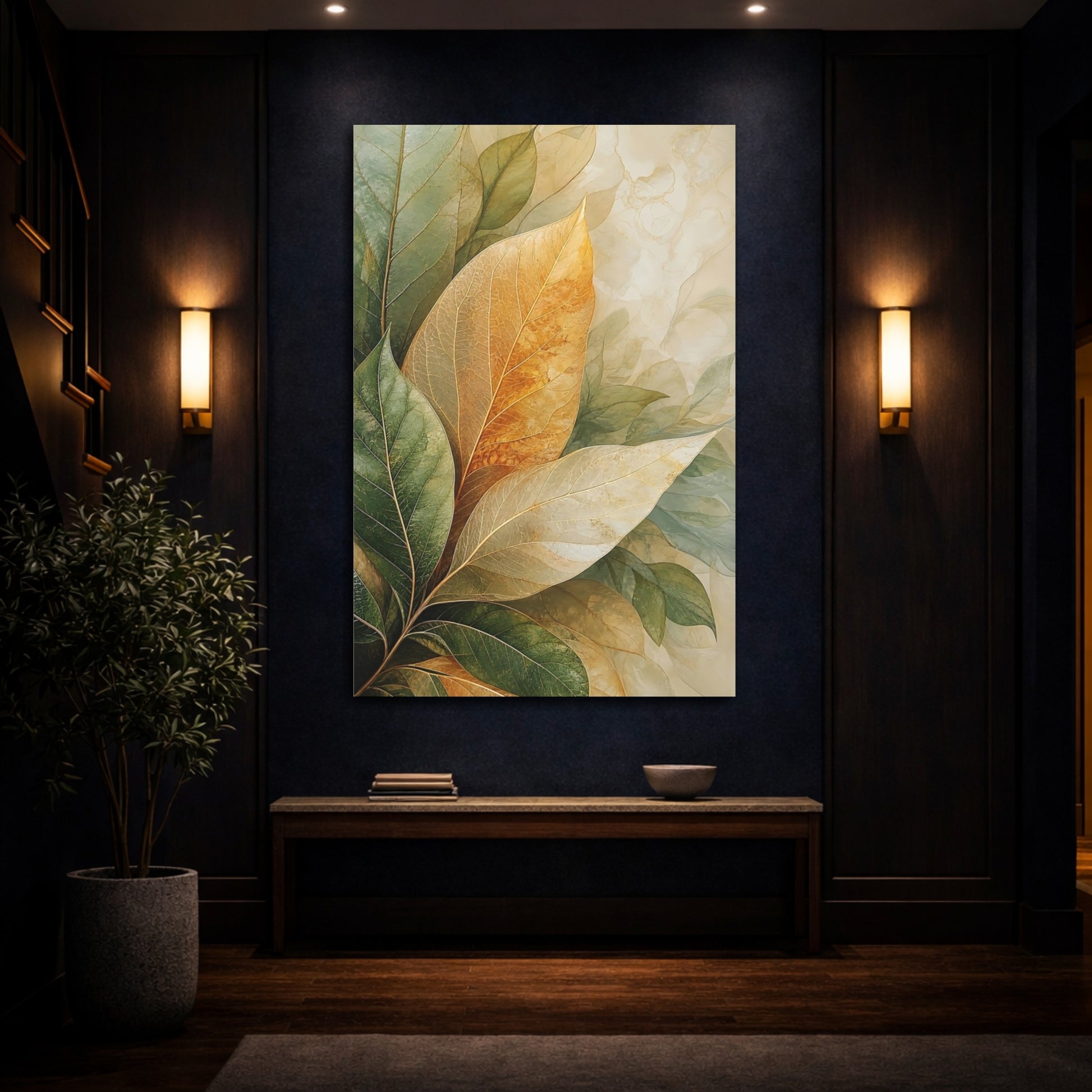 Mockup 4. Nature Leaves Green Gold Leaves shown as stretched canvas wall art