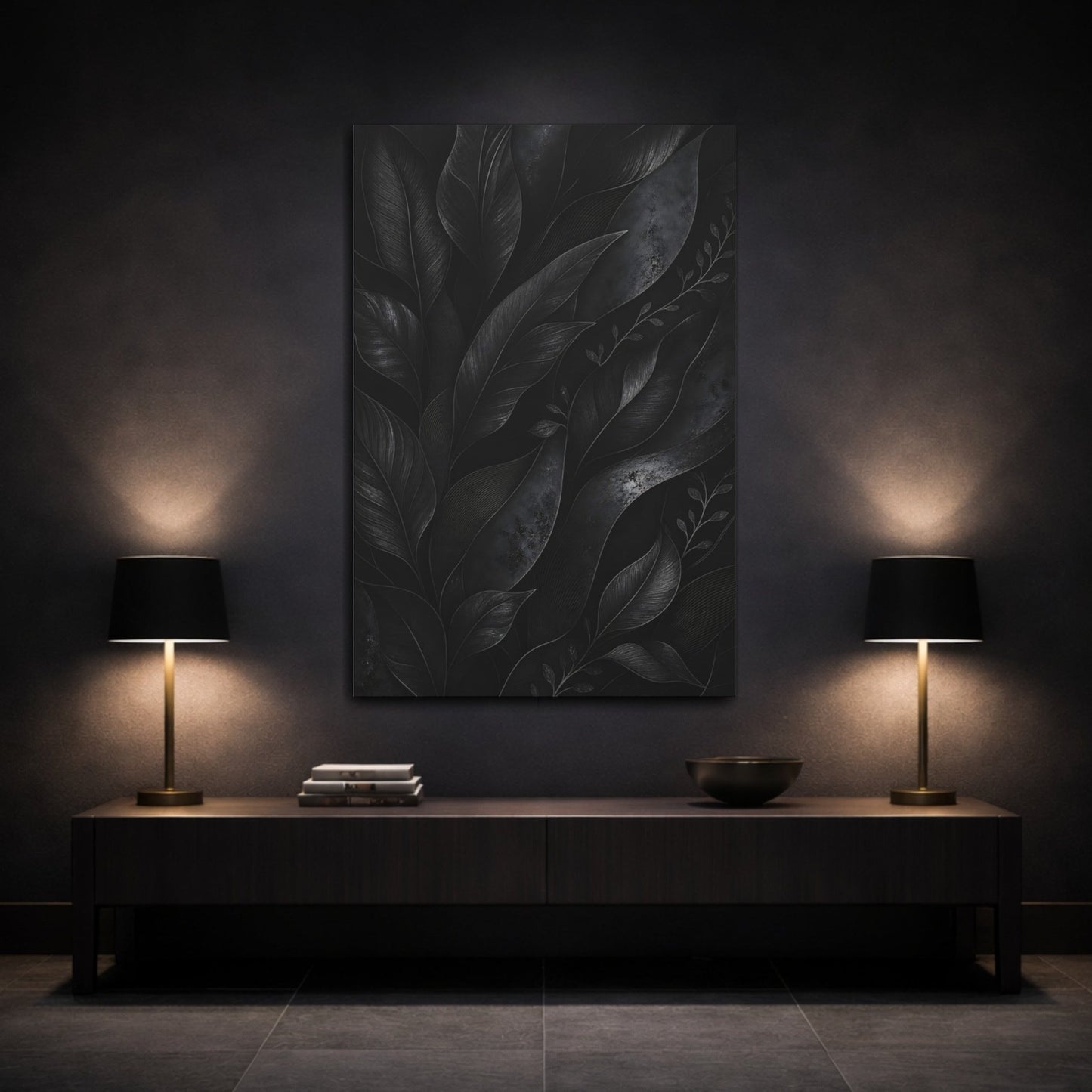 Nature Leaves Monochrome Foliage Canvas Print – Living Room, Above Fireplace, - YesArtYes