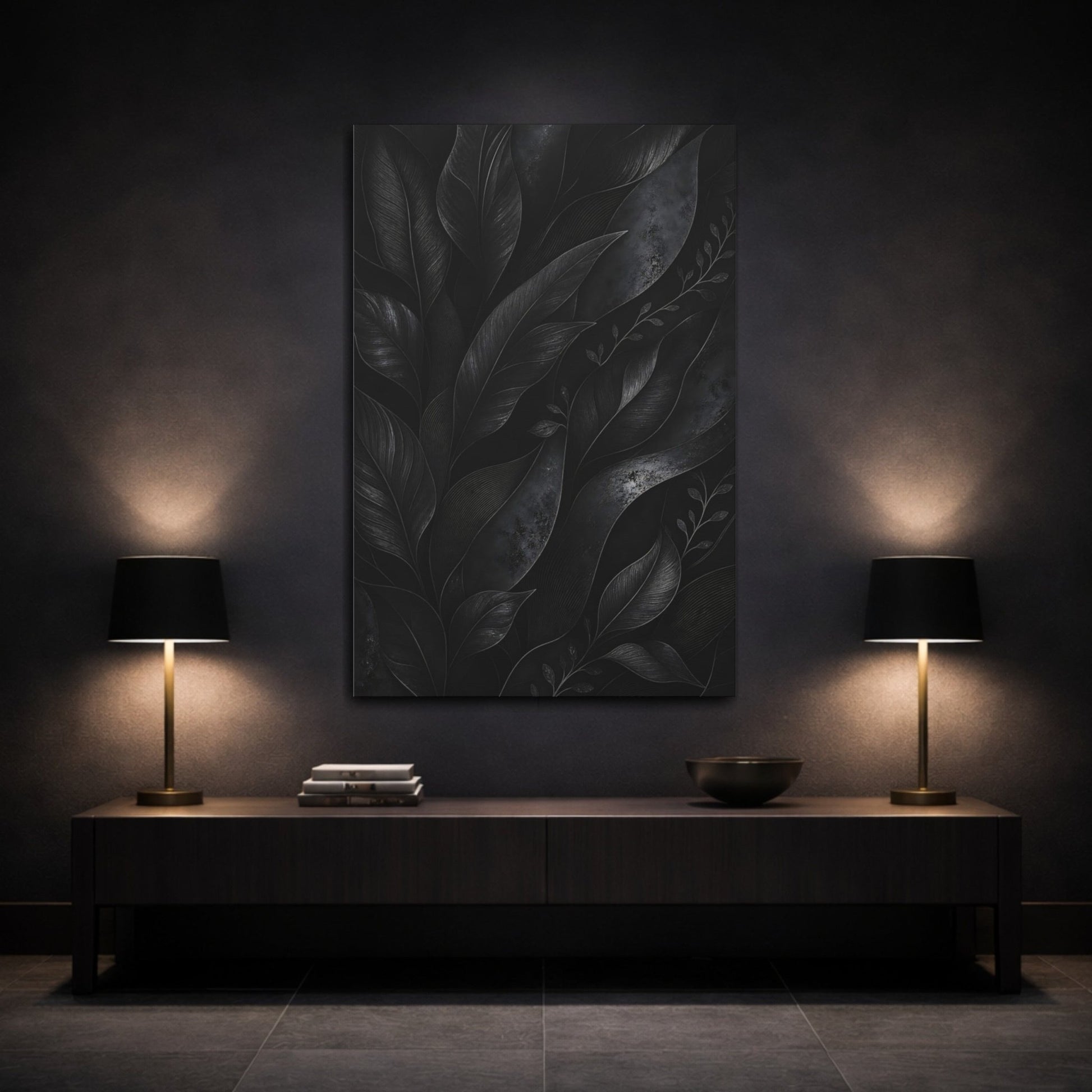 Nature Leaves Monochrome Foliage Canvas Print – Living Room, Above Fireplace, - YesArtYes
