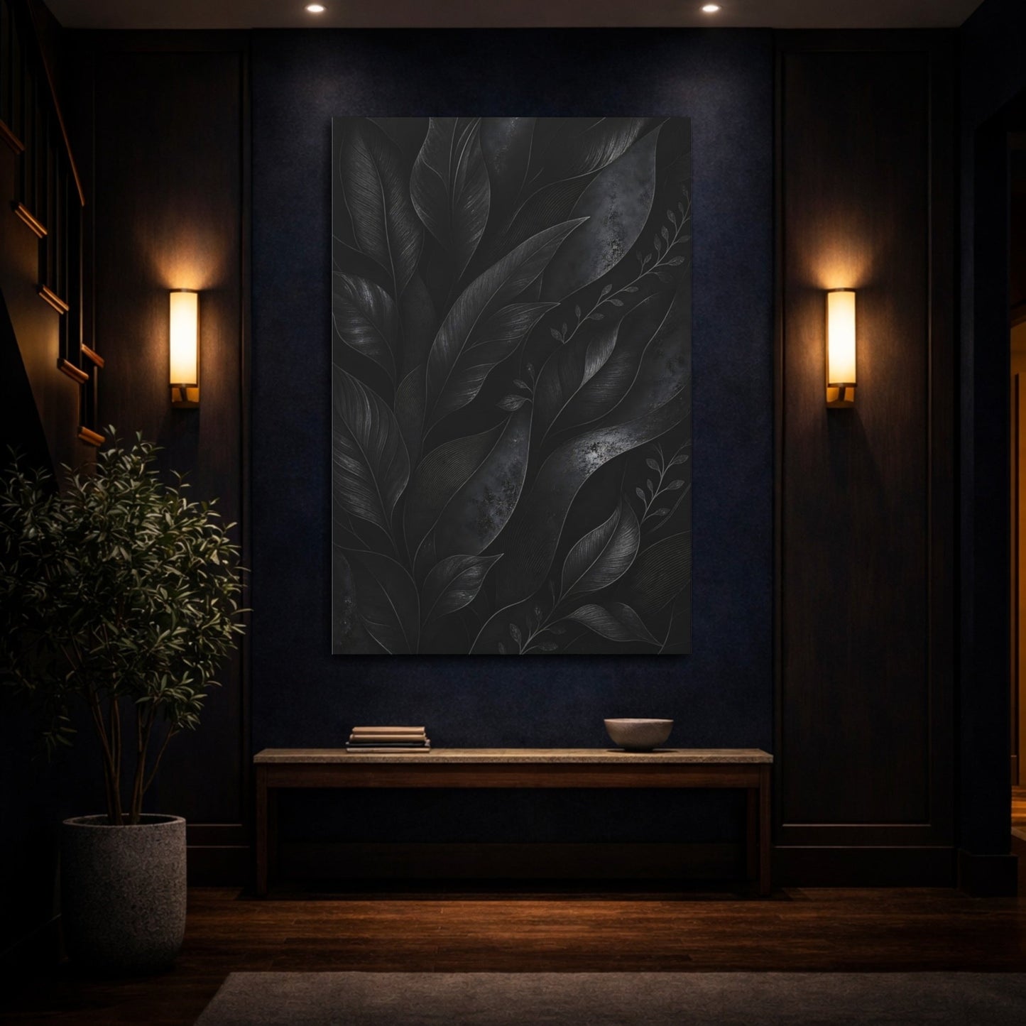 Nature Leaves Monochrome Foliage Canvas Print – Living Room, Above Fireplace, - YesArtYes