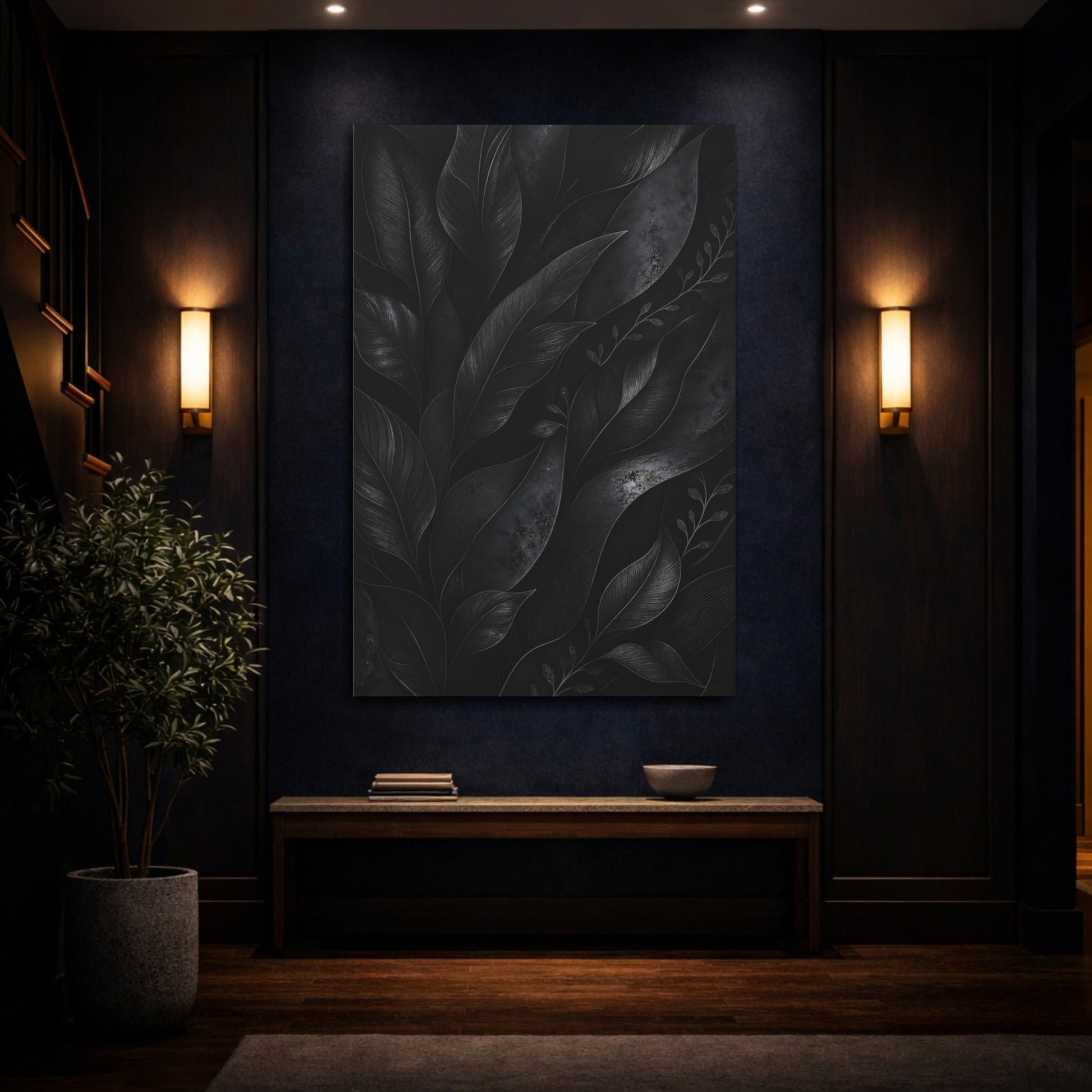 Nature Leaves Monochrome Foliage Canvas Print – Living Room, Above Fireplace, - YesArtYes