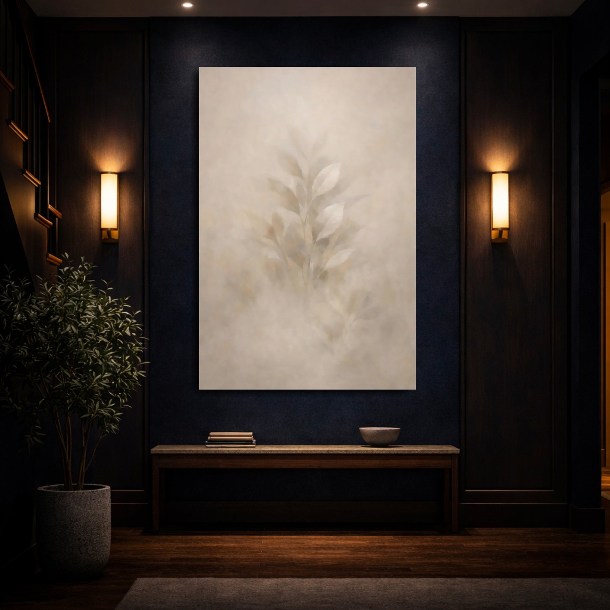 Mockup 3. Nature Leaves Muted Leaves shown as stretched canvas wall art