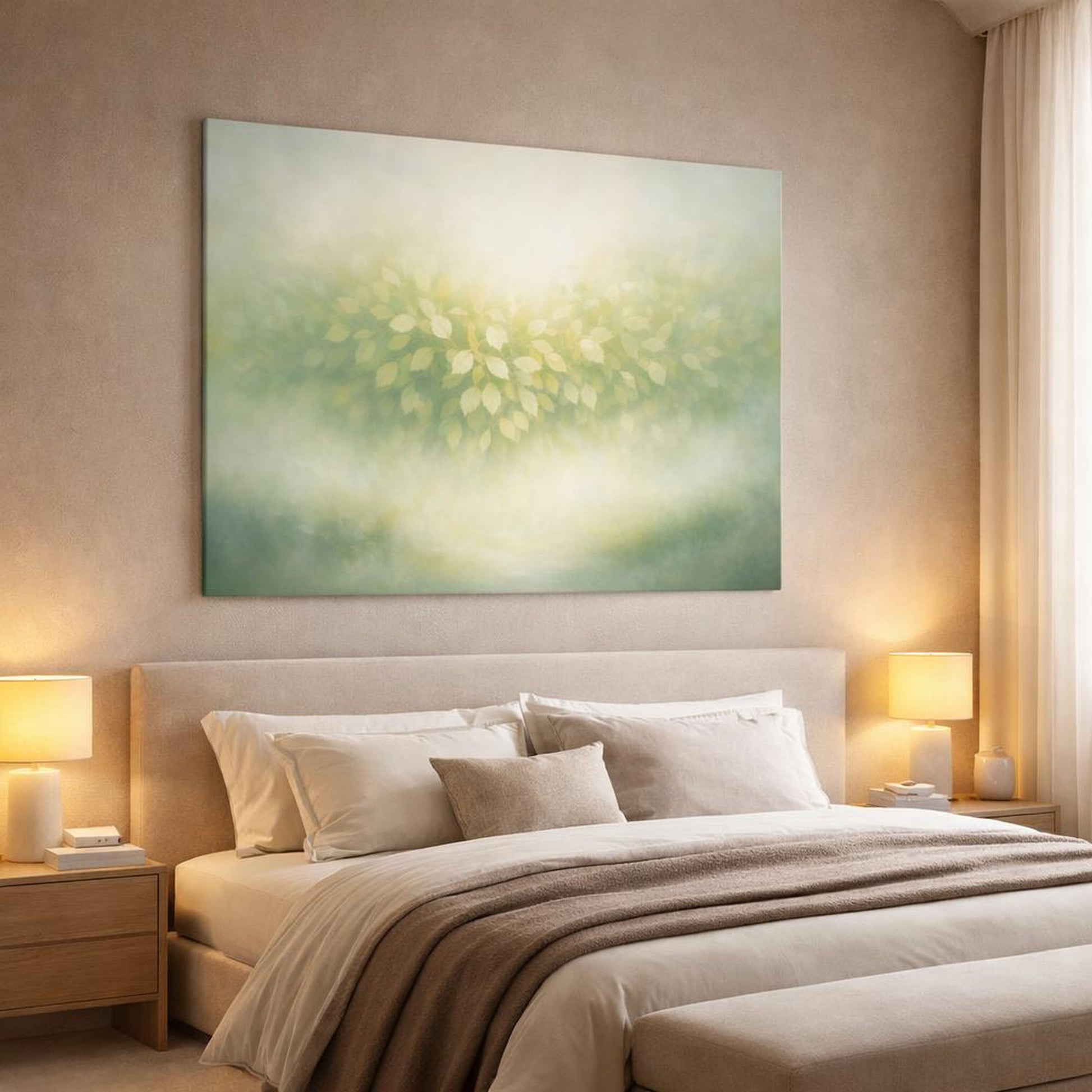 Nature Leaves Peaceful shown as canvas wall art in a luxury bedroom