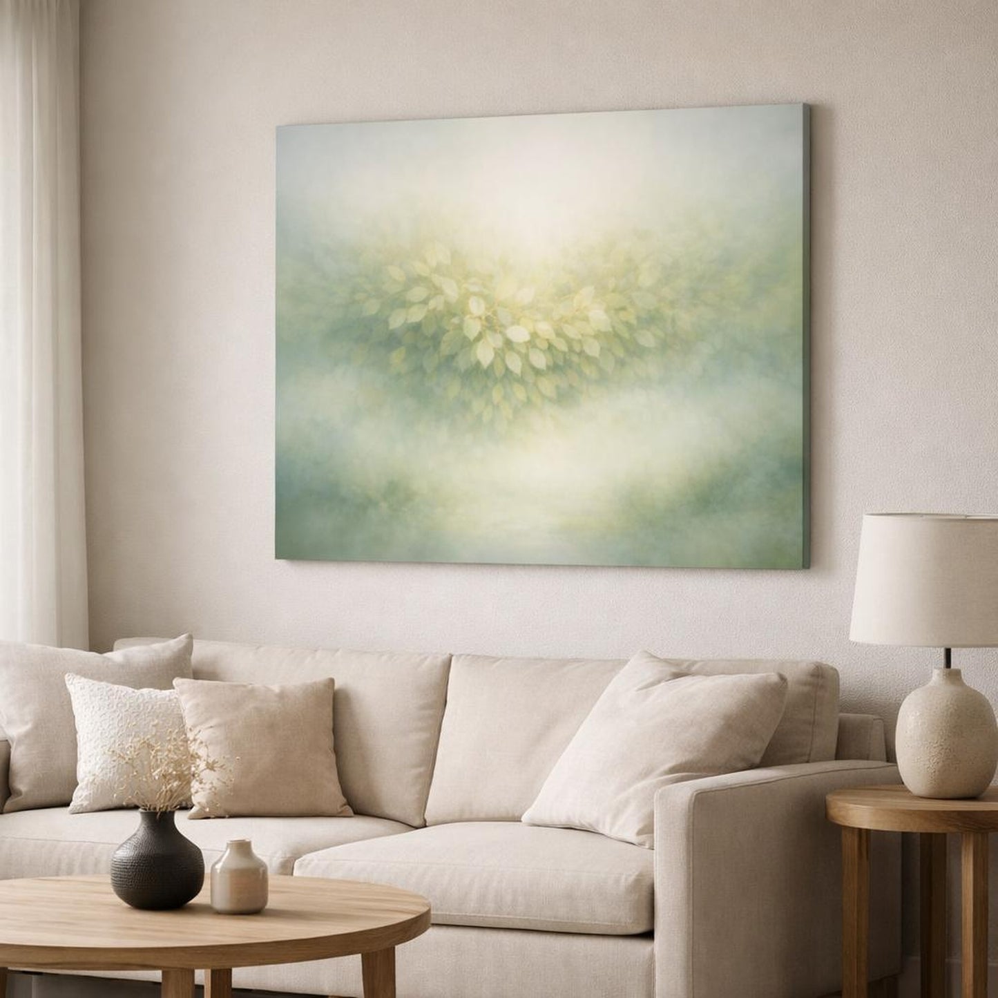 Nature Leaves Peaceful shown as canvas wall art in a modern living room