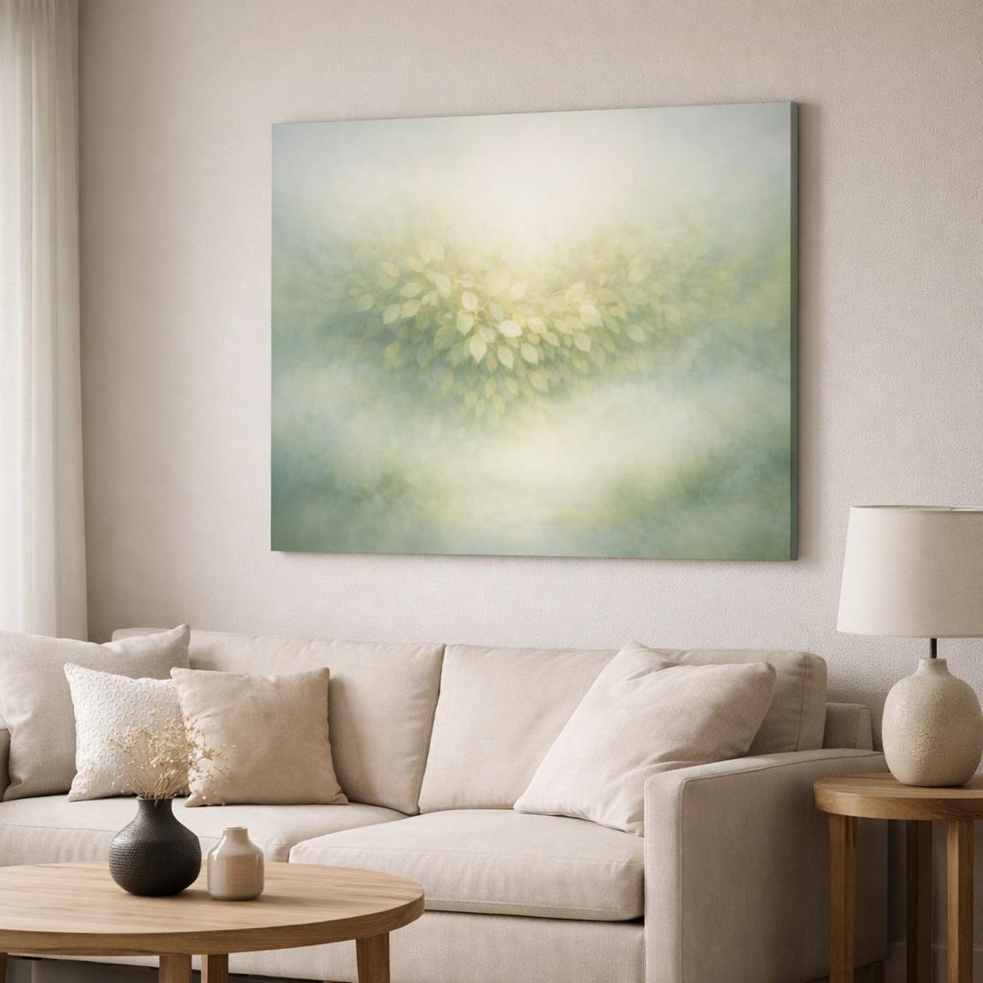 Nature Leaves Peaceful shown as canvas wall art in a modern living room