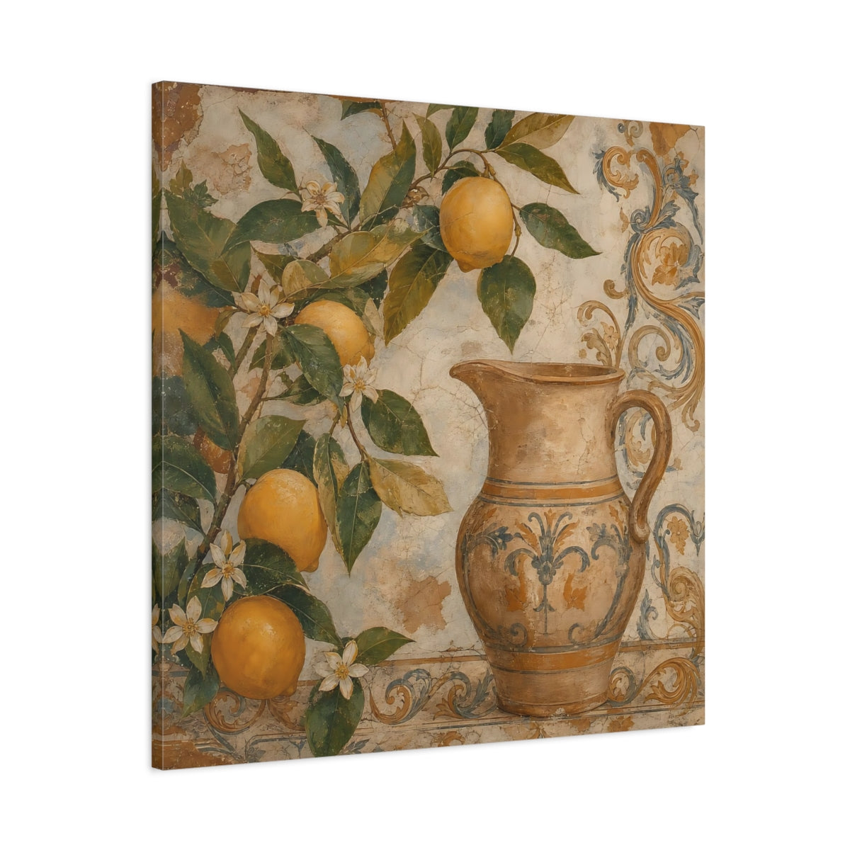 Main Mockup. Nature Lemon Tree Vintage Lemon Pitcher shown as stretched canvas wall art