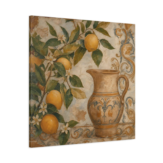 Main Mockup. Nature Lemon Tree Vintage Lemon Pitcher shown as stretched canvas wall art