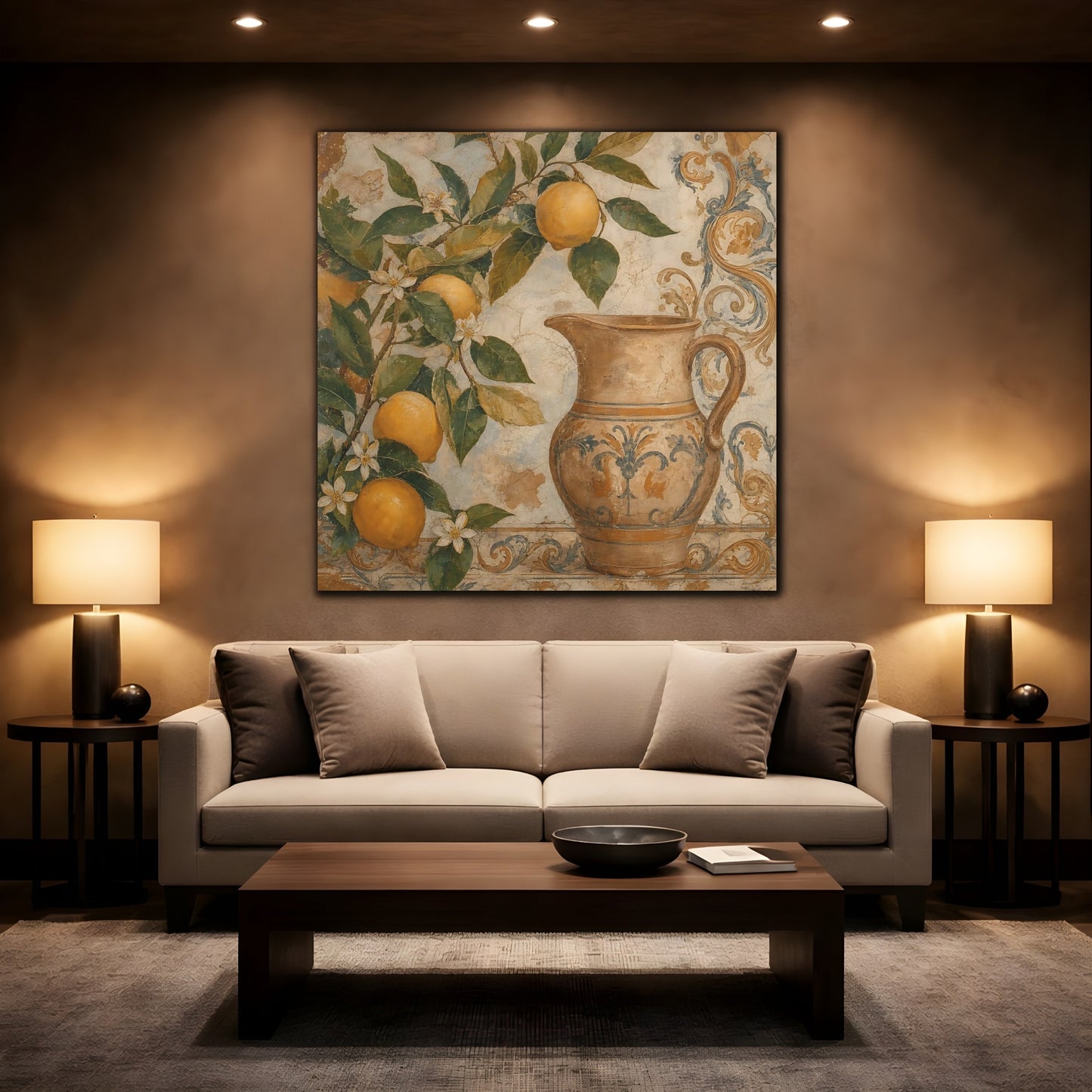 Mockup 2. Nature Lemon Tree Vintage Lemon Pitcher shown as stretched canvas wall art