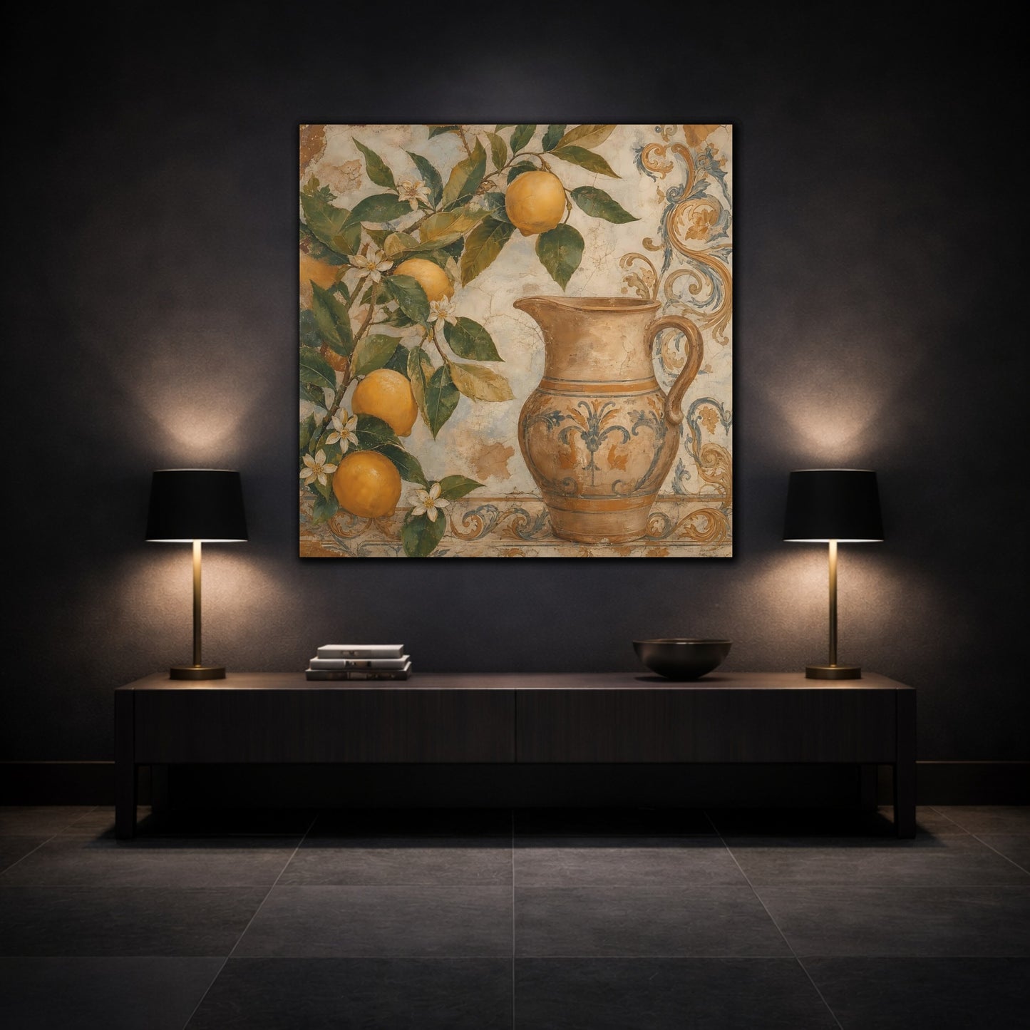 Mockup 3. Nature Lemon Tree Vintage Lemon Pitcher shown as stretched canvas wall art