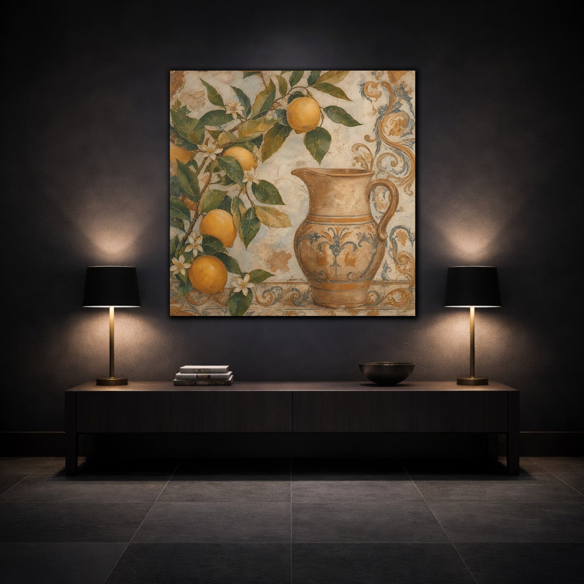 Mockup 3. Nature Lemon Tree Vintage Lemon Pitcher shown as stretched canvas wall art
