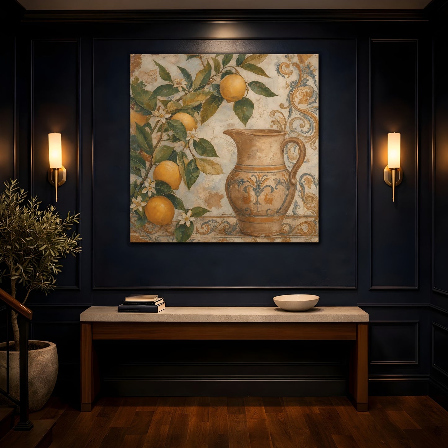 Mockup 4. Nature Lemon Tree Vintage Lemon Pitcher shown as stretched canvas wall art