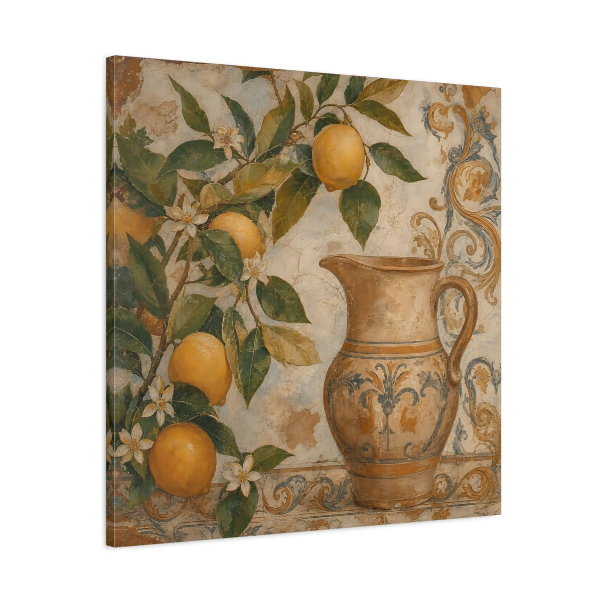 Side Mockup 3. Nature Lemon Tree Vintage Lemon Pitcher shown as stretched canvas wall art