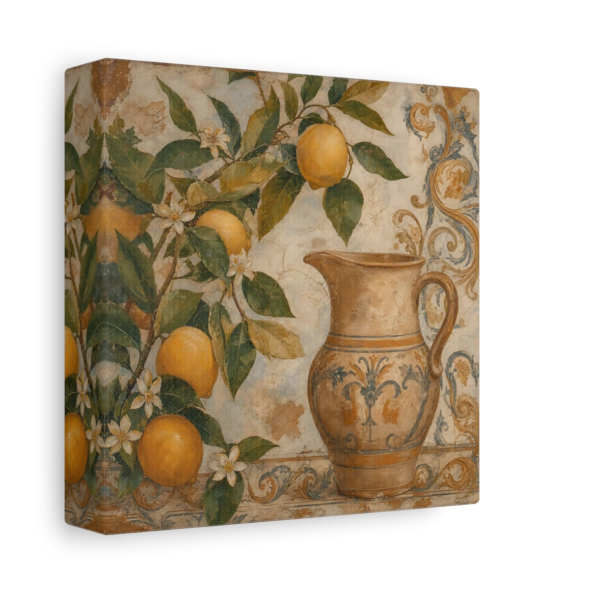 Side Mockup 2. Nature Lemon Tree Vintage Lemon Pitcher shown as stretched canvas wall art