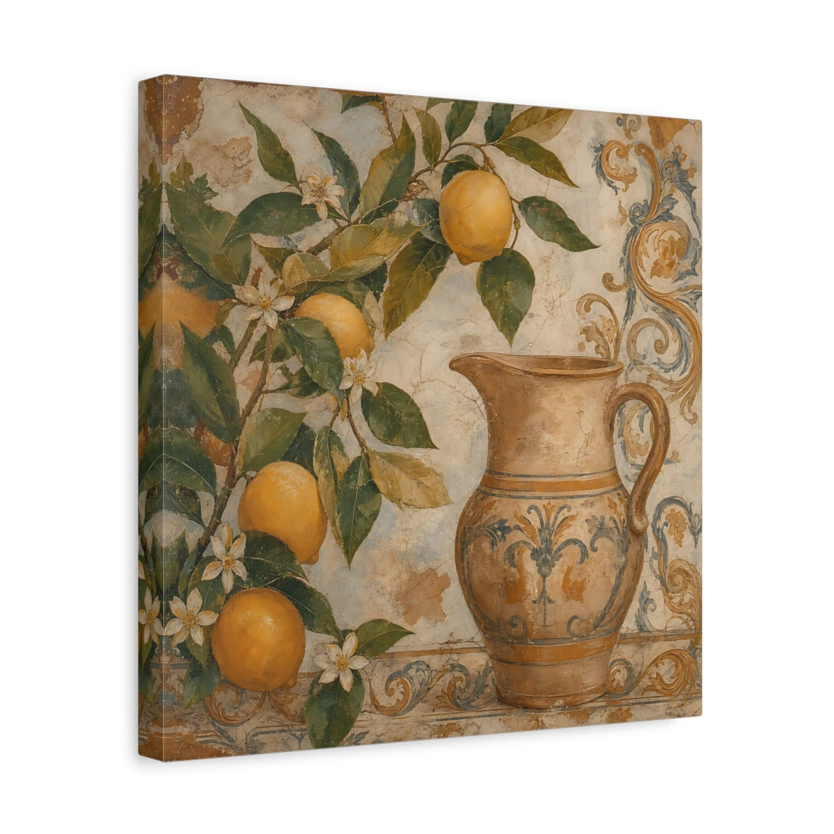 Side Mockup 7. Nature Lemon Tree Vintage Lemon Pitcher shown as stretched canvas wall art